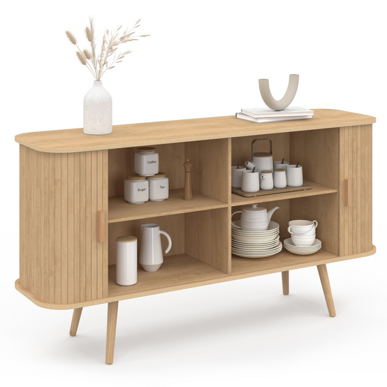Buffet 140 cm ROMIE 2 portes coulissantes latte tasseau bois coloris chêne - Image 4