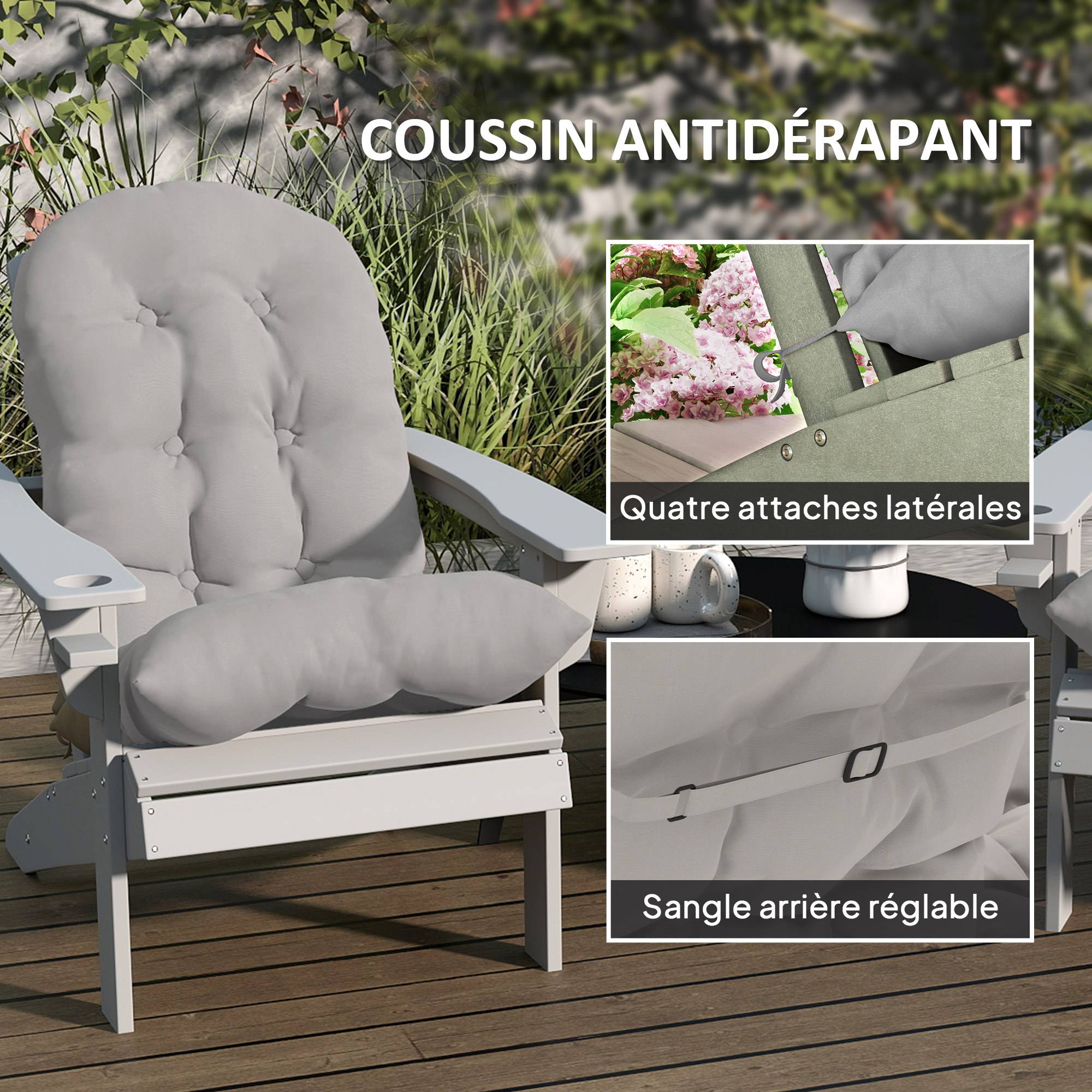 Lot de 2 coussin de siège pour chaise Adirondack avec attaches sécurisées, design capitonné doux et épais, gris clair - Image 8