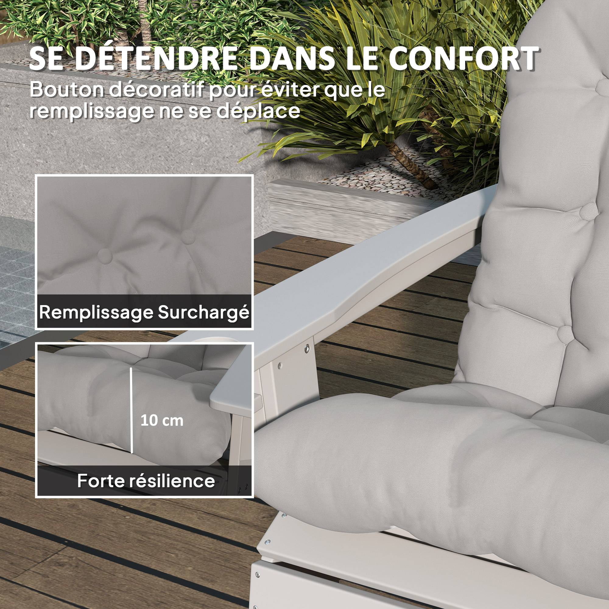Lot de 2 coussin de siège pour chaise Adirondack avec attaches sécurisées, design capitonné doux et épais, gris clair - Image 6
