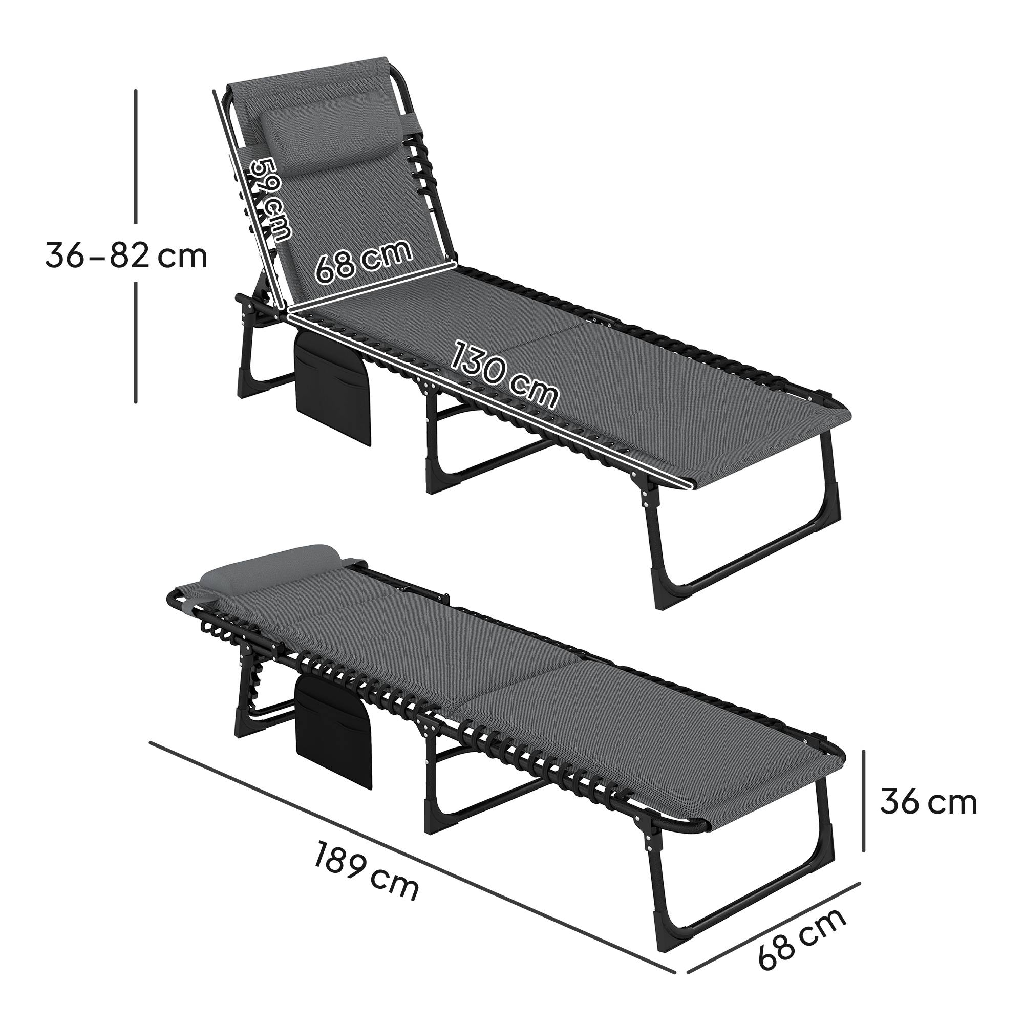 Chaise longue, transat avec coussins et poche latérale, chaise longue de jardin, chaise longue de piscine, chaise longue rembourrée, grise - Image 5