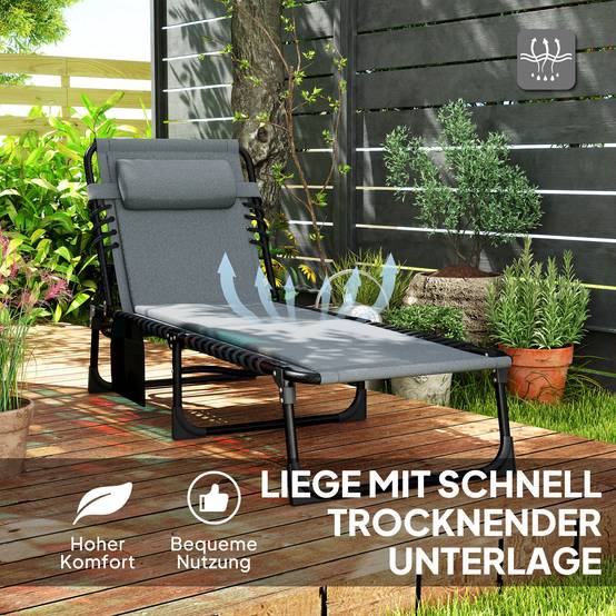 Chaise longue, transat avec coussins et poche latérale, chaise longue de jardin, chaise longue de piscine, chaise longue rembourrée, grise - Image 8