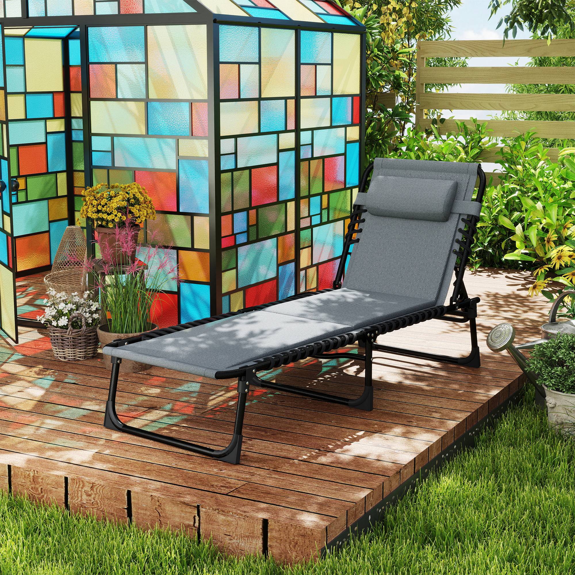 Chaise longue, transat avec coussins et poche latérale, chaise longue de jardin, chaise longue de piscine, chaise longue rembourrée, grise - Image 4