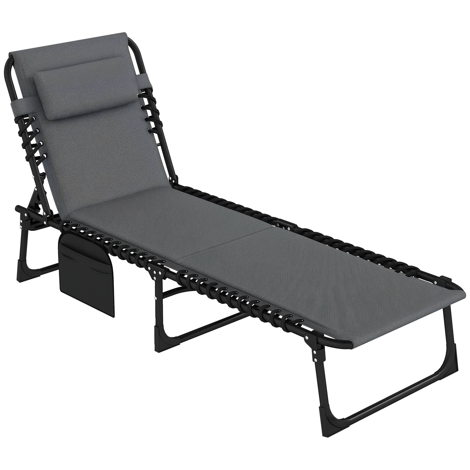 Chaise longue, transat avec coussins et poche latérale, chaise longue de jardin, chaise longue de piscine, chaise longue rembourrée, grise - Image 1