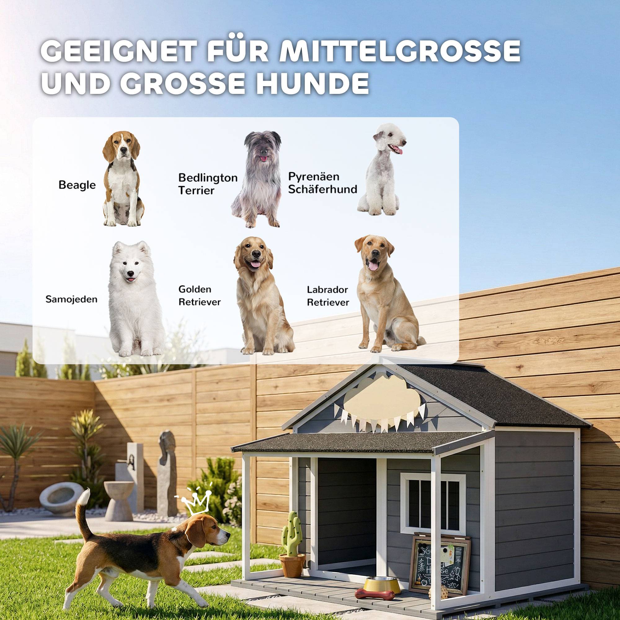 Niche extérieure chien avec véranda, résistante aux intempéries,124x112x105cm gris et blanc - Image 9