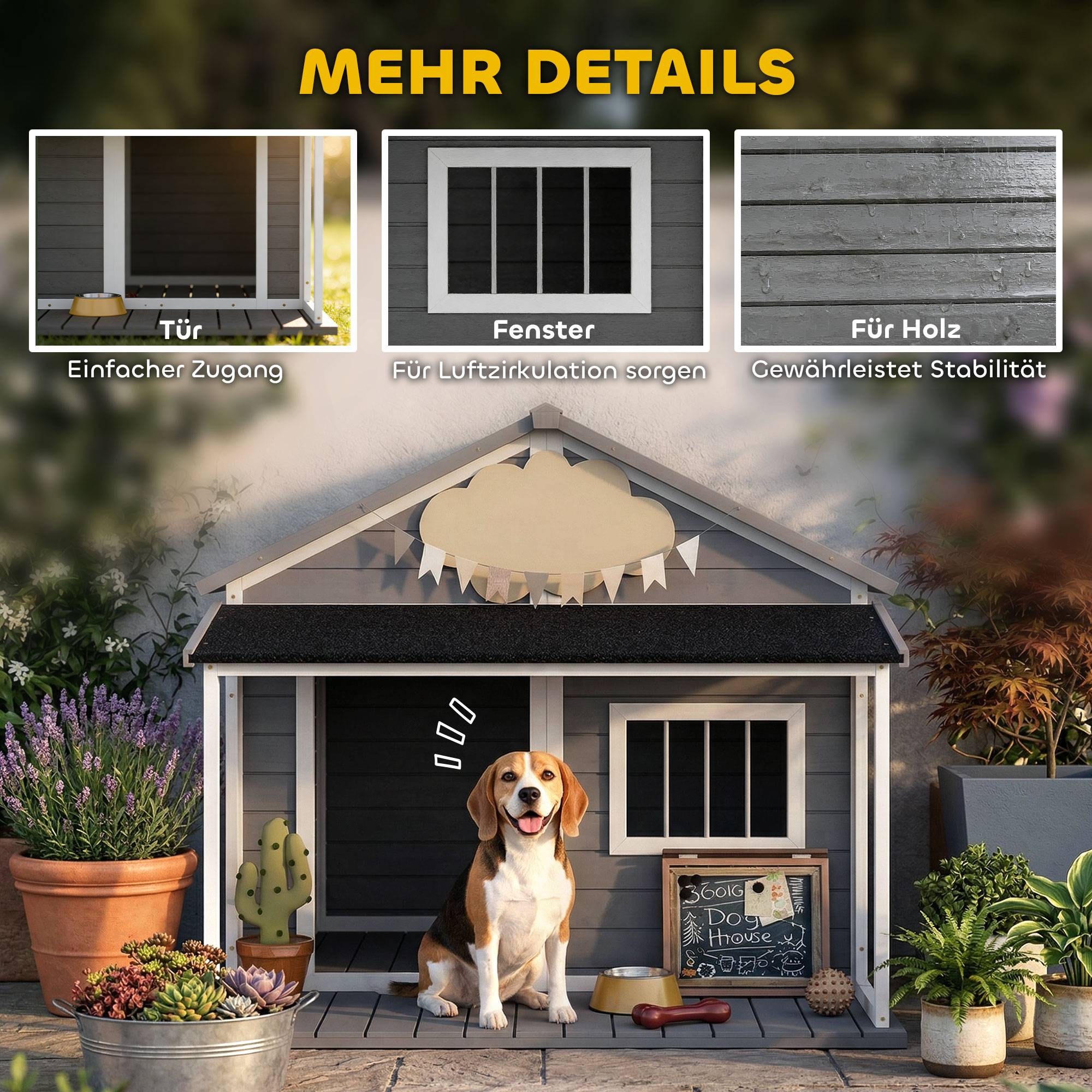 Niche extérieure chien avec véranda, résistante aux intempéries,124x112x105cm gris et blanc - Image 8