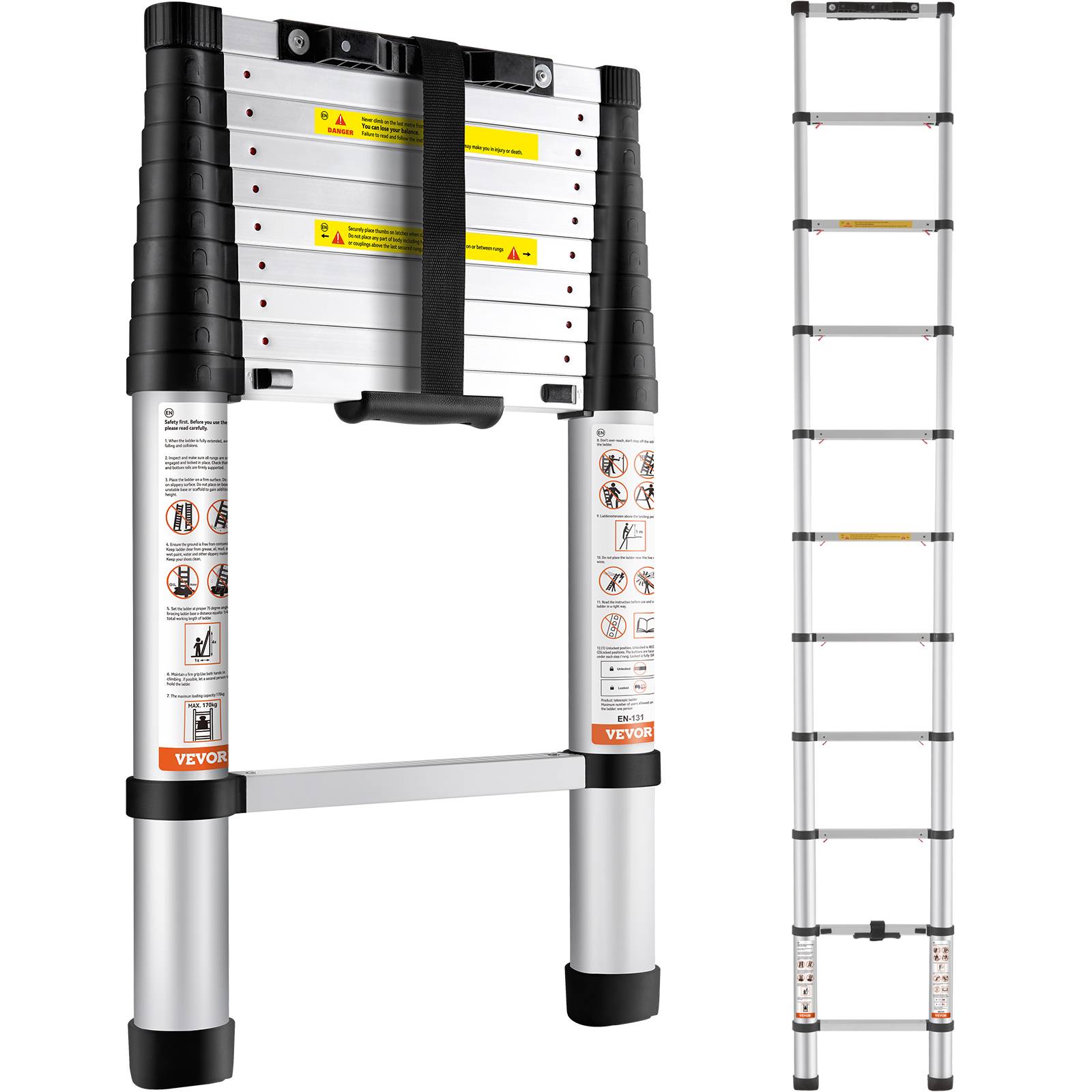 Vevor - Échelle télescopique aluminium 3.2m, capacité 170kg, pieds antidérapants, rétraction un bouton, portable.