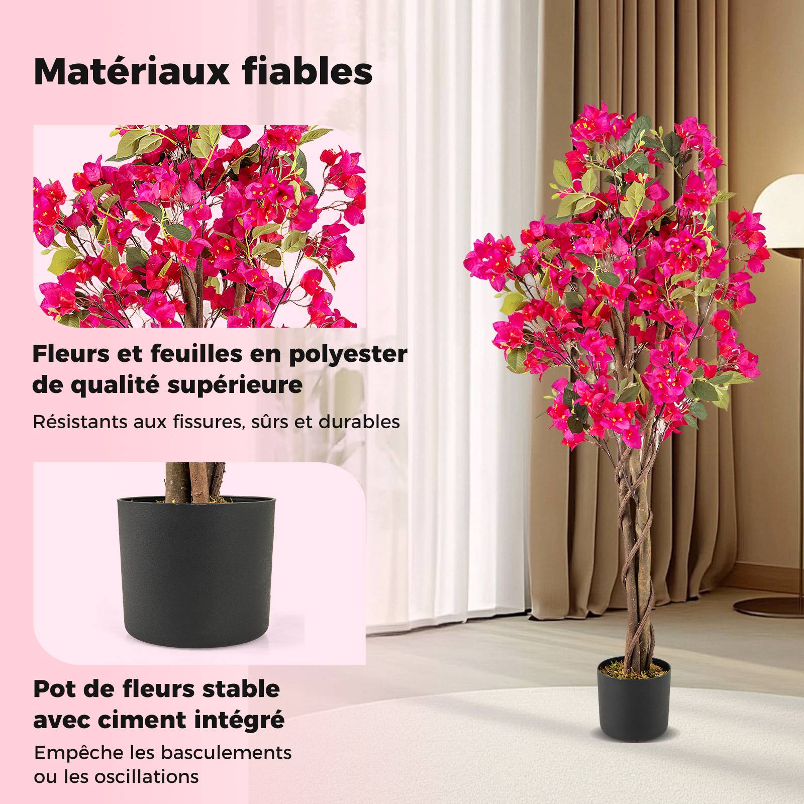 Bougainvillier artificiel tronc naturel tressé H 150 cm 264 feuilles