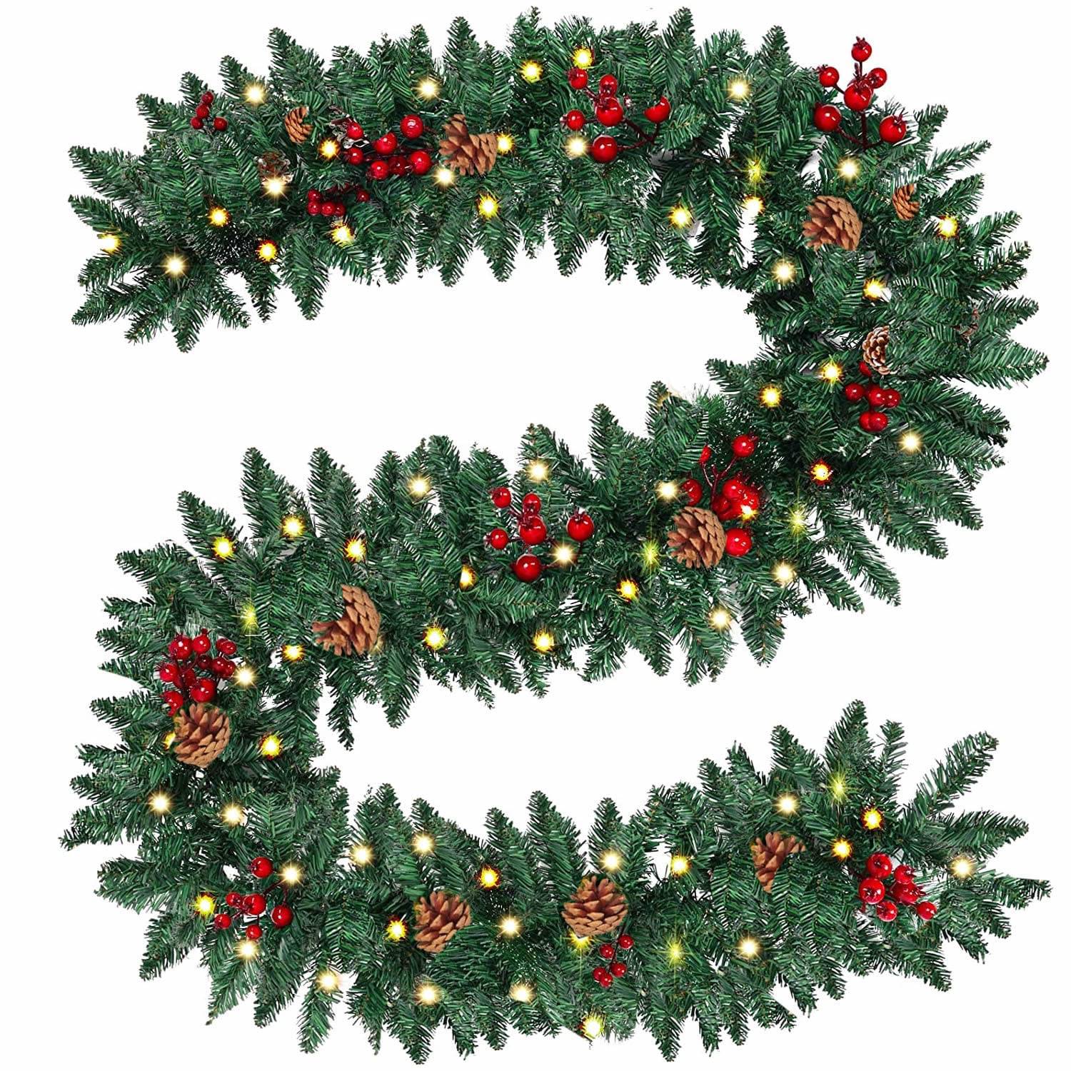 Couronne de Noël, guirlande de cheminée, décoration de fête de Noël en canne, 2,7 mètres (sans lumières) - Image 1