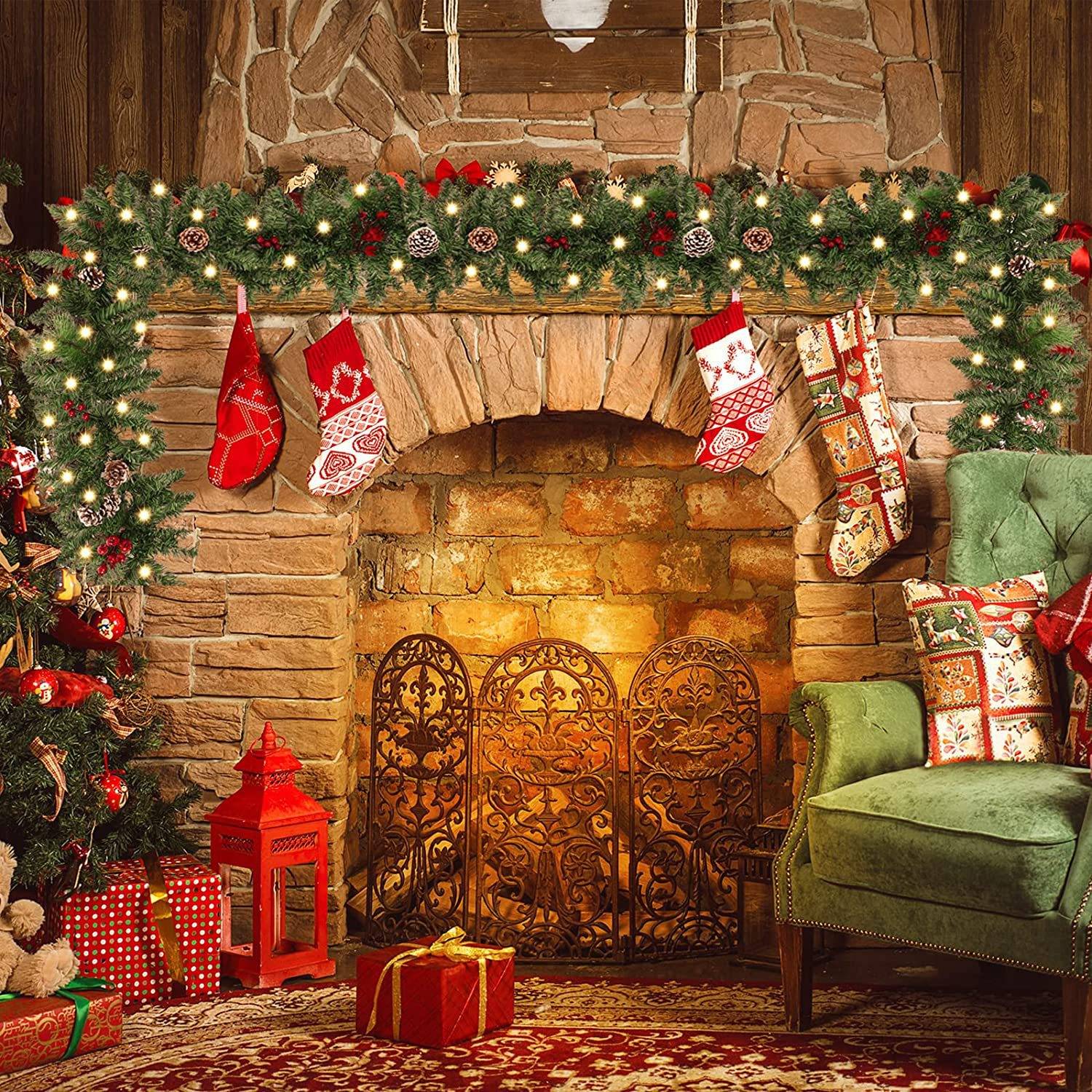 Couronne de Noël, guirlande de cheminée, décoration de fête de Noël en canne, 2,7 mètres (sans lumières) - Image 9