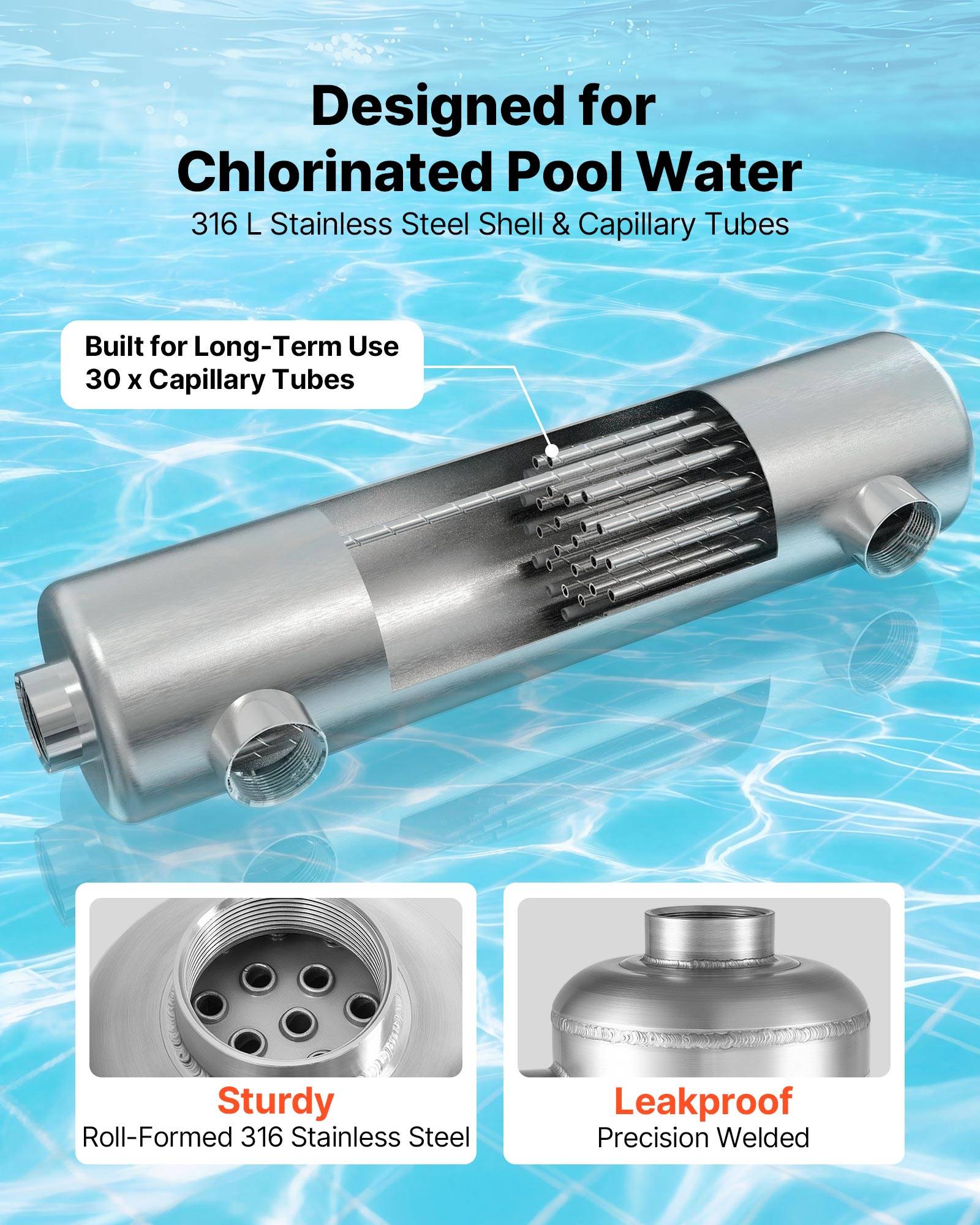 Vevor - VEVOR Échangeur de chaleur piscine, acier inox 316L, 105,5 kW, 30 tubes, surface 0,69 m², pour piscines, spas et bains à remous, argent. - Image 4