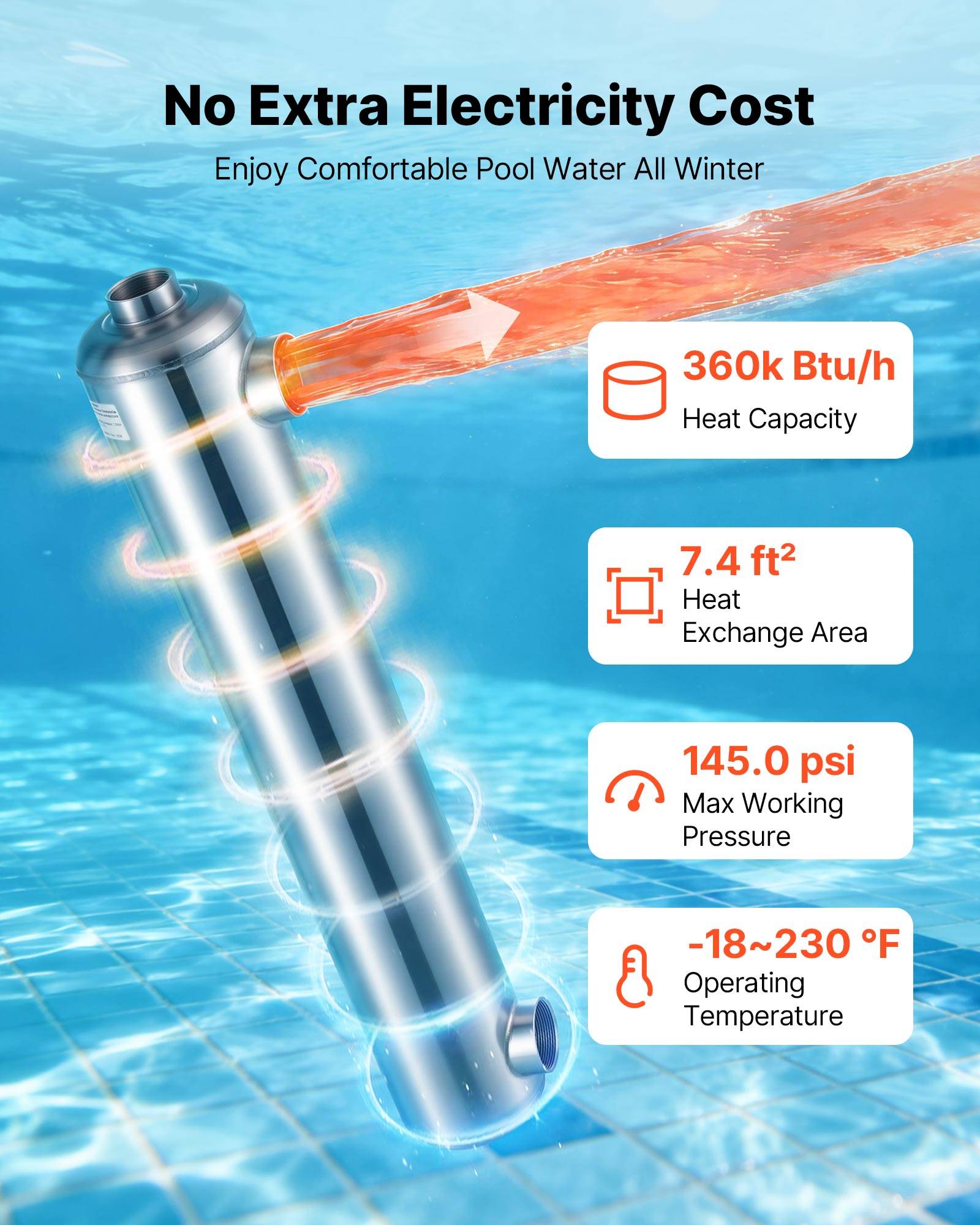 Vevor - VEVOR Échangeur de chaleur piscine, acier inox 316L, 105,5 kW, 30 tubes, surface 0,69 m², pour piscines, spas et bains à remous, argent. - Image 2