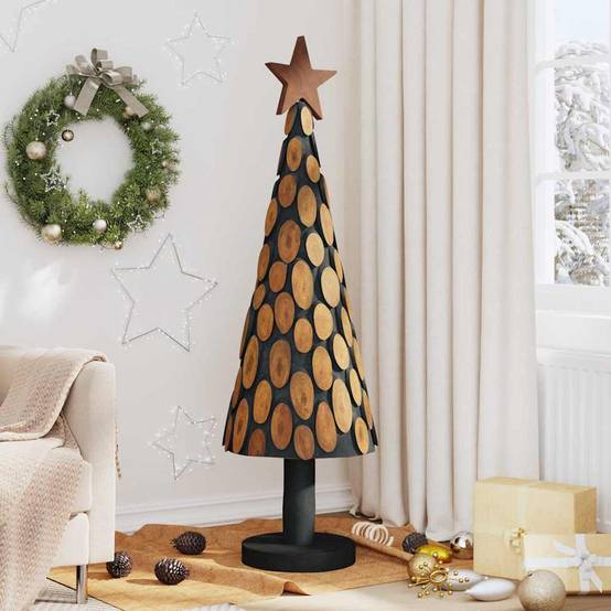 Sapin de Noël en bois de teck massif décoratif pour intérieur Marron 150 cm – ComfortXL Outdoor Living - Image 1