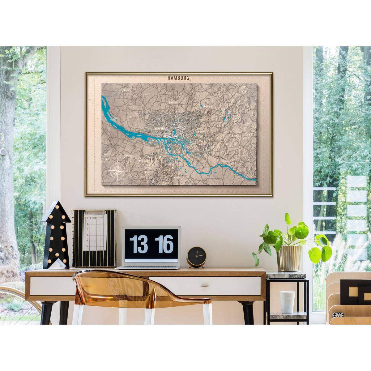 Affiche Murale Encadrée "Raised Relief Map Hamburg" 90 x 60 cm Or - Image 2