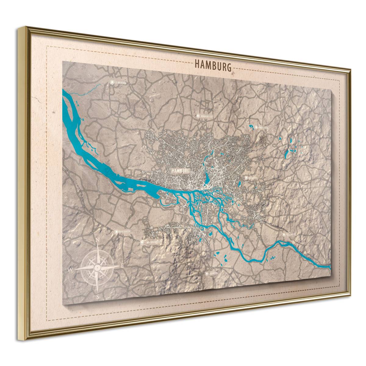 Affiche Murale Encadrée "Raised Relief Map Hamburg" 90 x 60 cm Or - Image 1