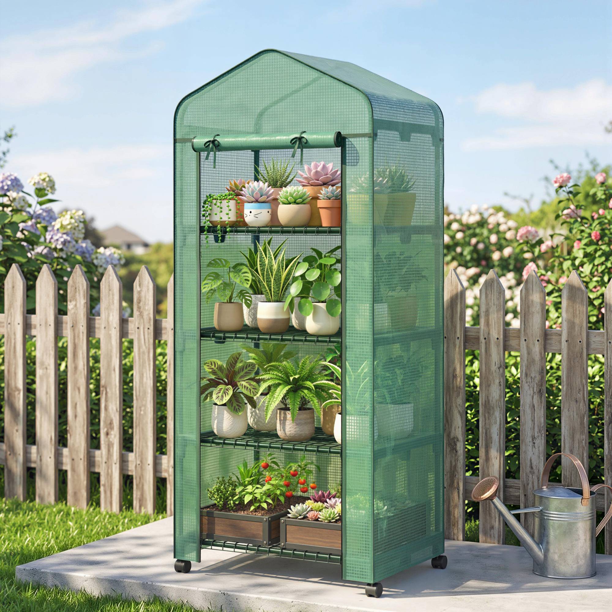 Sans Marque - Serre aluminium mini-serre châssis froid 4 étagères 69x50x165 cm verte - Image 3