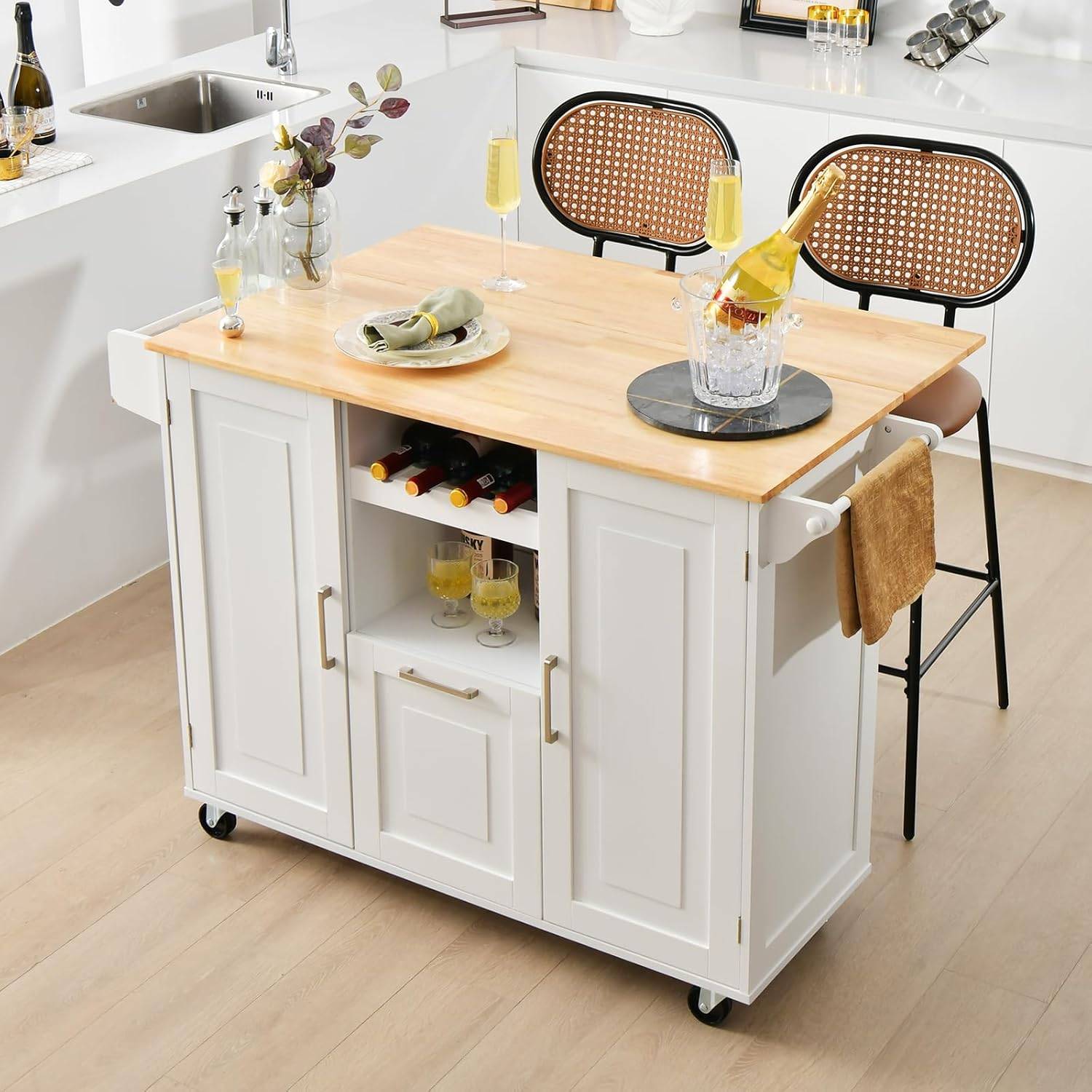 FIVMEN Chariot De Cuisine Mobile Blanc Et Bois – Plan De Travail XXL, Roulettes Verrouillables, Porte-Serviettes & Étagère à Épices – 115x90x36 Cm