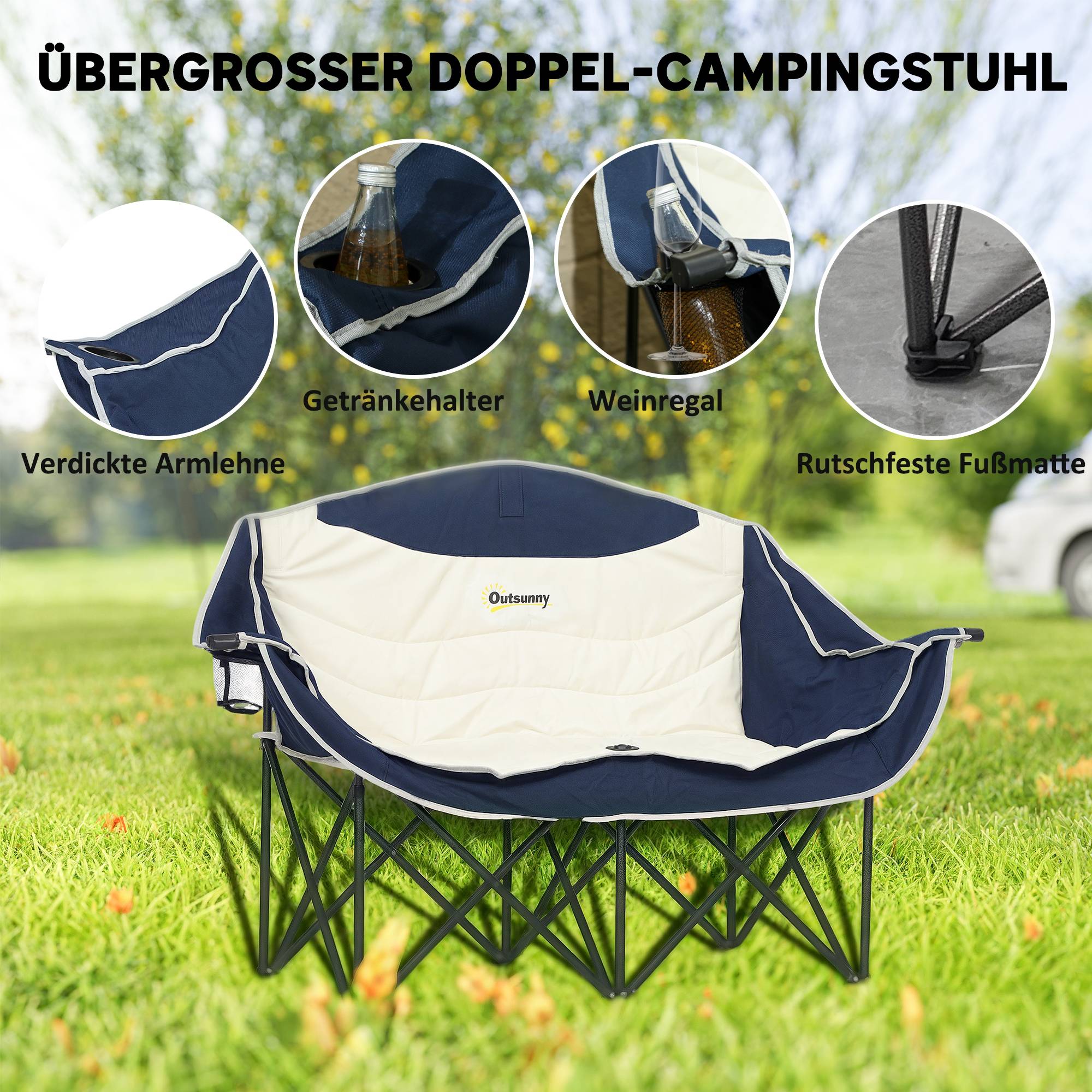 Chaise de camping double métal tissu bleu 143 x 50 x 90 cm - PANGIVO - Image 6