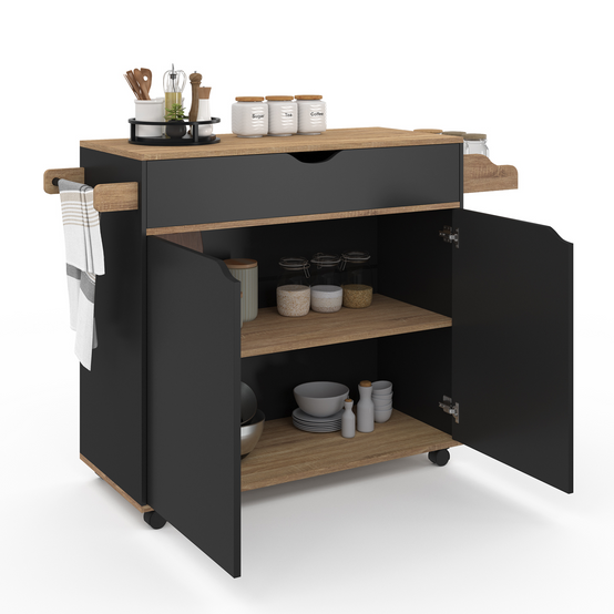 Desserte de cuisine COSY XXL placard avec tiroir noir et plateaux façon hêtre L.90 CM - Image 4