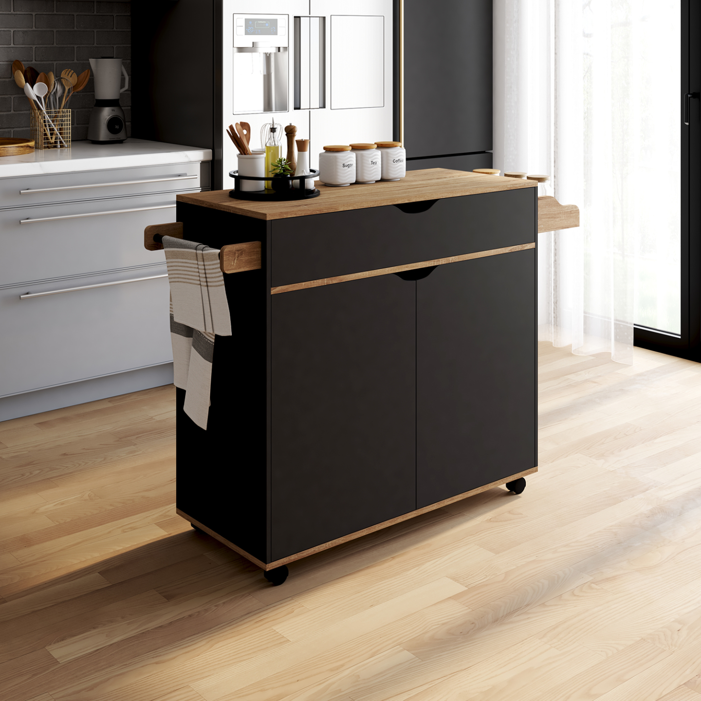 Desserte de cuisine COSY XXL placard avec tiroir noir et plateaux façon hêtre L.90 CM - Image 1