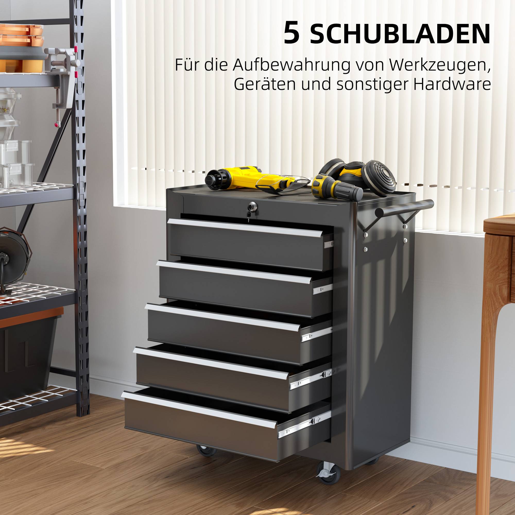 Sans Marque - Coffre à outils, armoire à outils sur roulettes, 5 tiroirs, acier, noir - Image 6