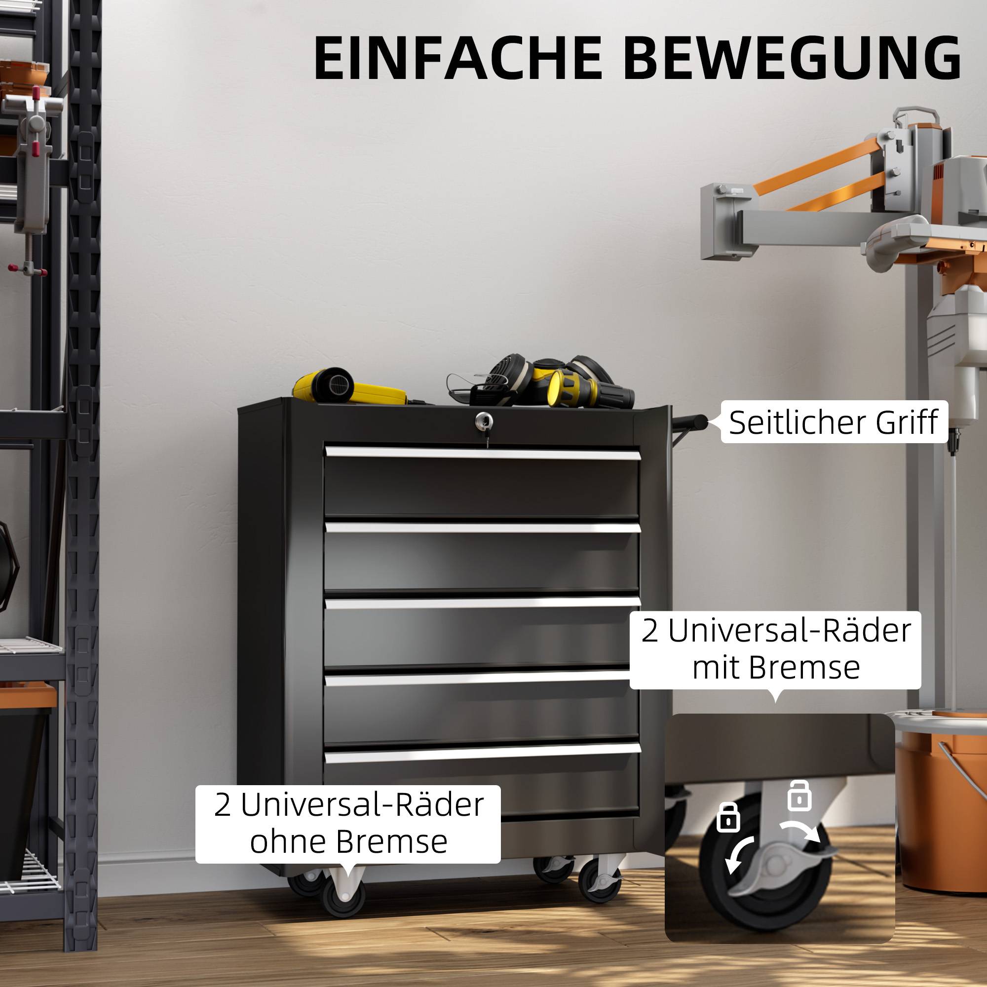 Sans Marque - Coffre à outils, armoire à outils sur roulettes, 5 tiroirs, acier, noir - Image 8