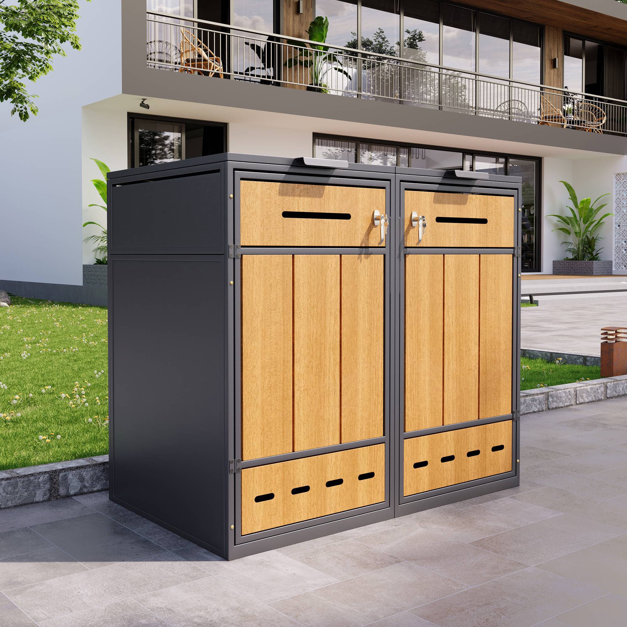 PANGIVO - Coffre à déchets en métal avec porte en bois, pour 2 poubelles 120-240L, 132 x 84.5 x 118 cm - PANGIVO - Image 9