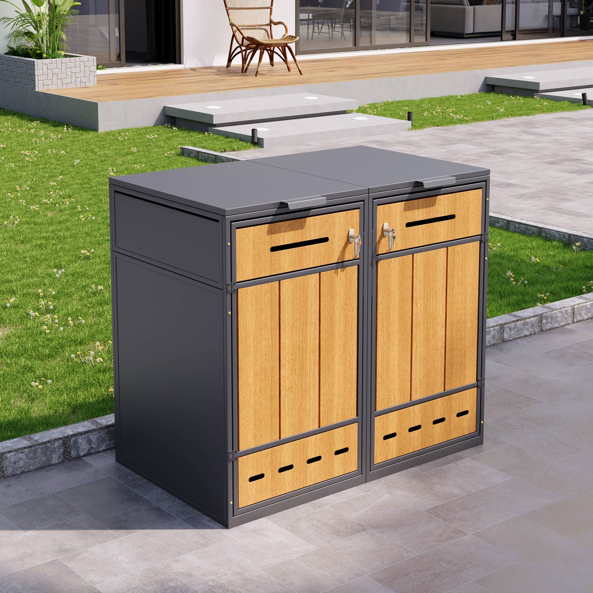 PANGIVO - Coffre à déchets en métal avec porte en bois, pour 2 poubelles 120-240L, 132 x 84.5 x 118 cm - PANGIVO - Image 6