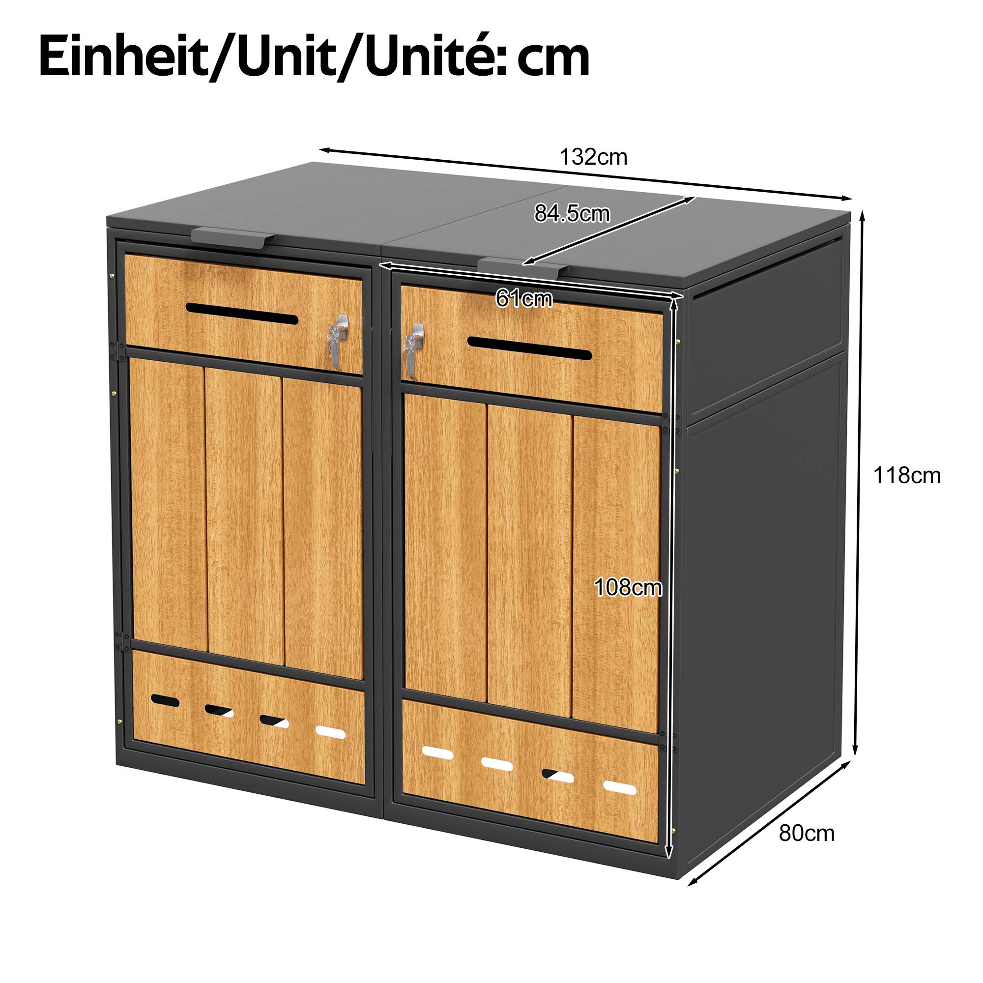 PANGIVO - Coffre à déchets en métal avec porte en bois, pour 2 poubelles 120-240L, 132 x 84.5 x 118 cm - PANGIVO - Image 5