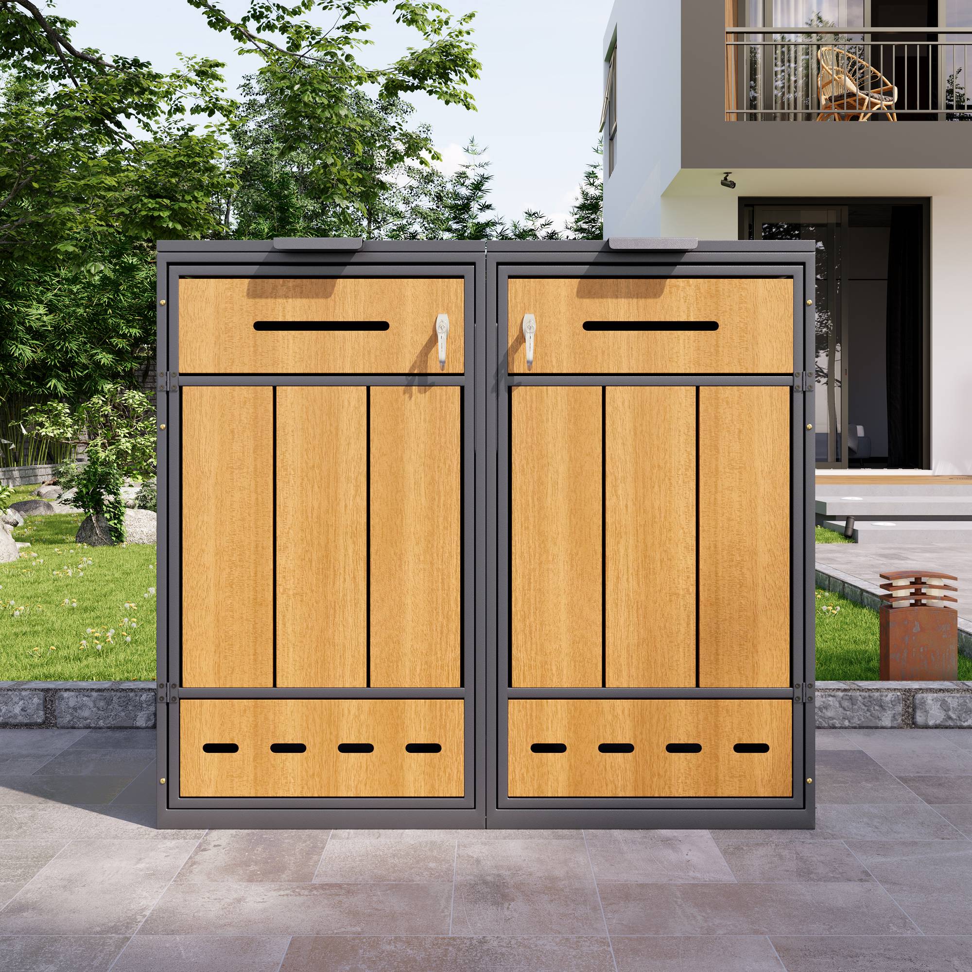 PANGIVO - Coffre à déchets en métal avec porte en bois, pour 2 poubelles 120-240L, 132 x 84.5 x 118 cm - PANGIVO - Image 8