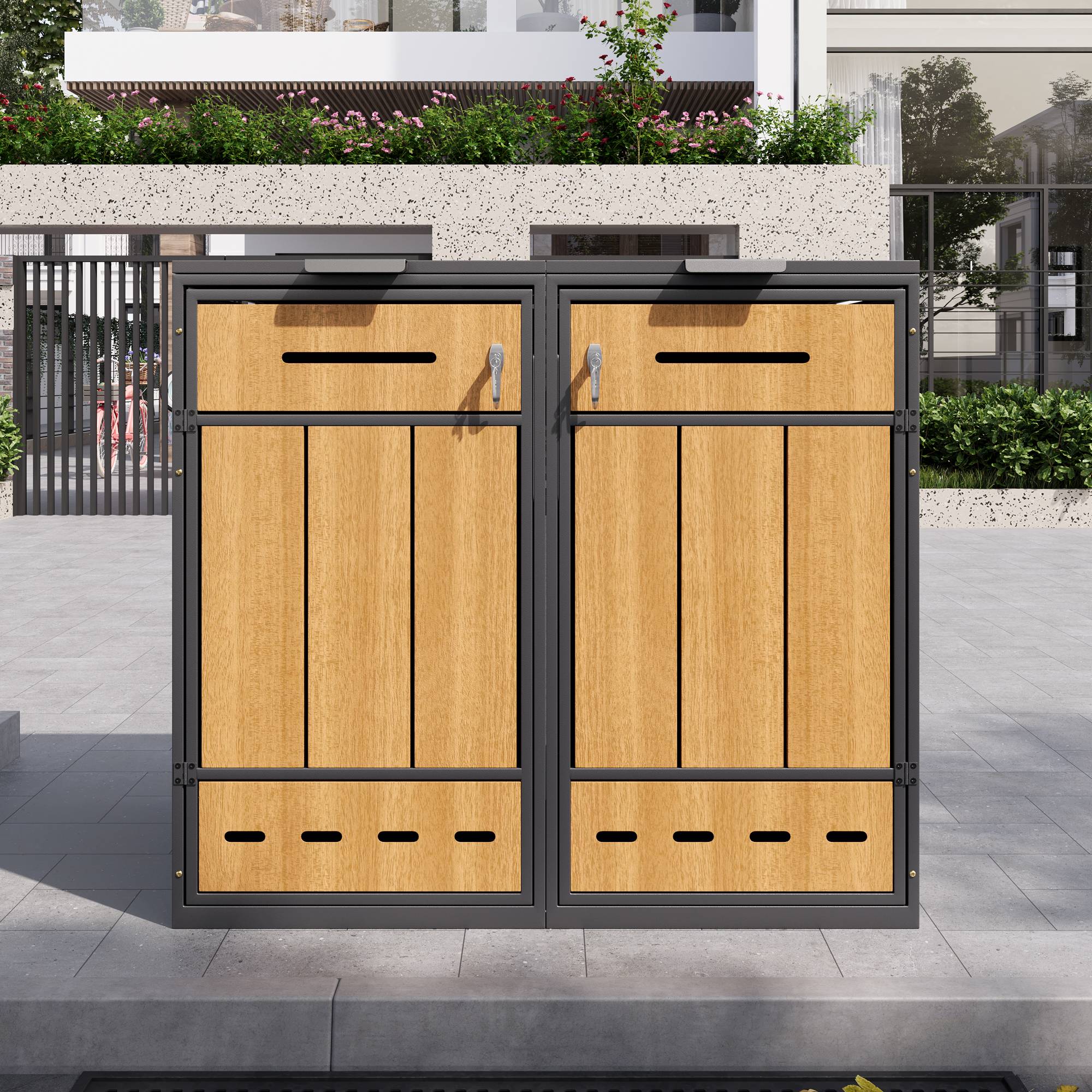 PANGIVO - Coffre à déchets en métal avec porte en bois, pour 2 poubelles 120-240L, 132 x 84.5 x 118 cm - PANGIVO - Image 3