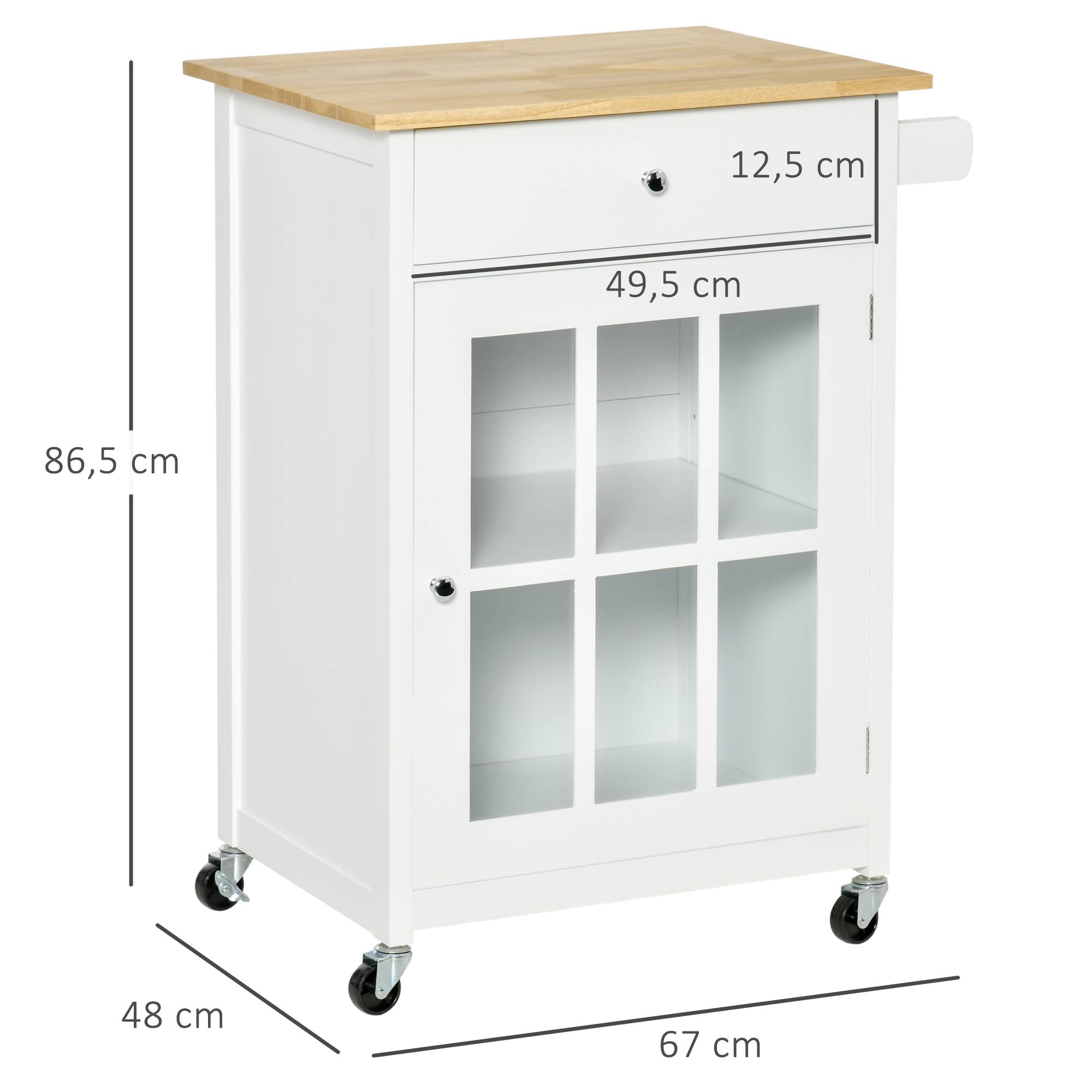 Desserte de cuisine à roulettes multi-rangement - placard porte vitrée avec étagère réglable, tiroir, porte-torchon - blanc aspect chêne clair - Image 5