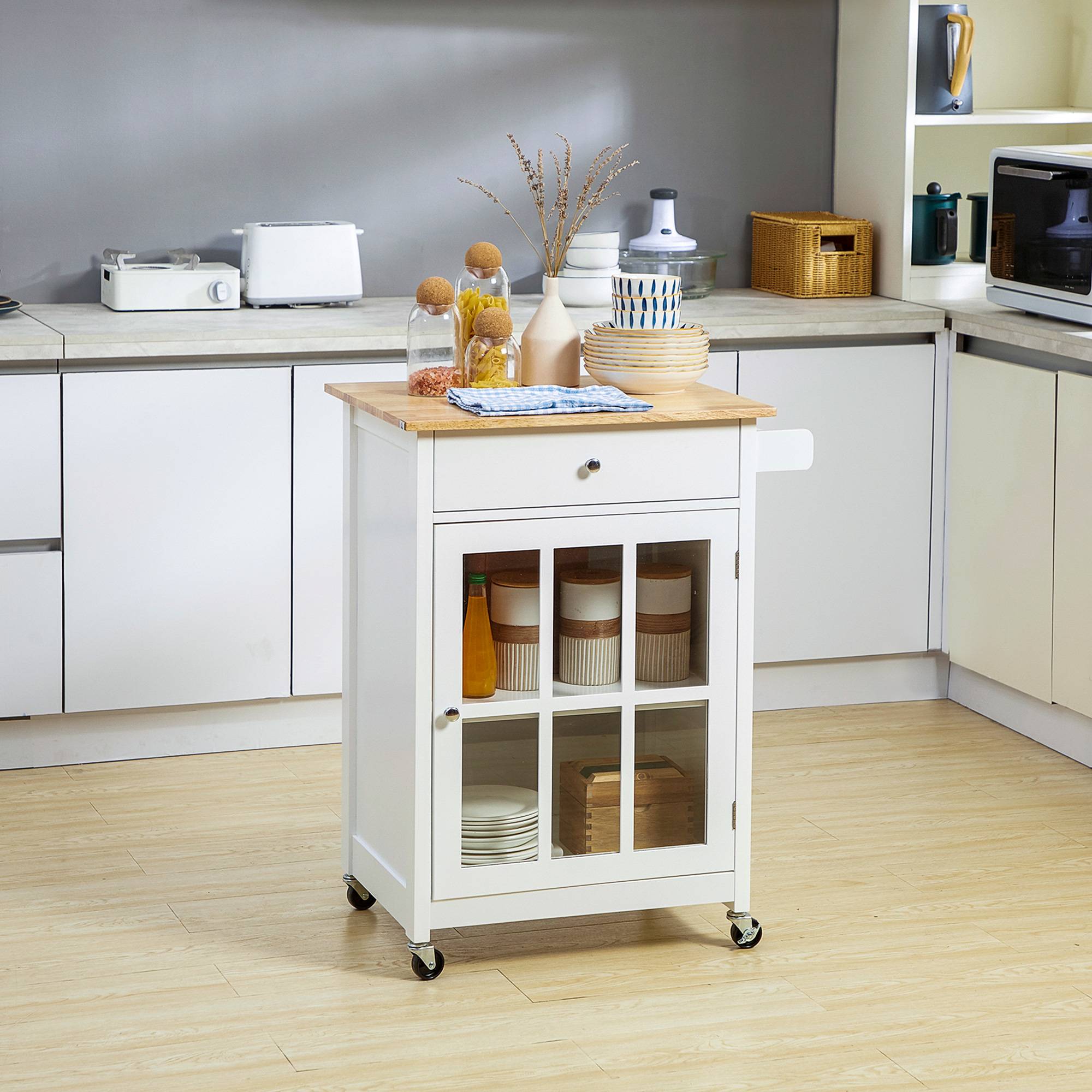Desserte de cuisine à roulettes multi-rangement - placard porte vitrée avec étagère réglable, tiroir, porte-torchon - blanc aspect chêne clair - Image 3