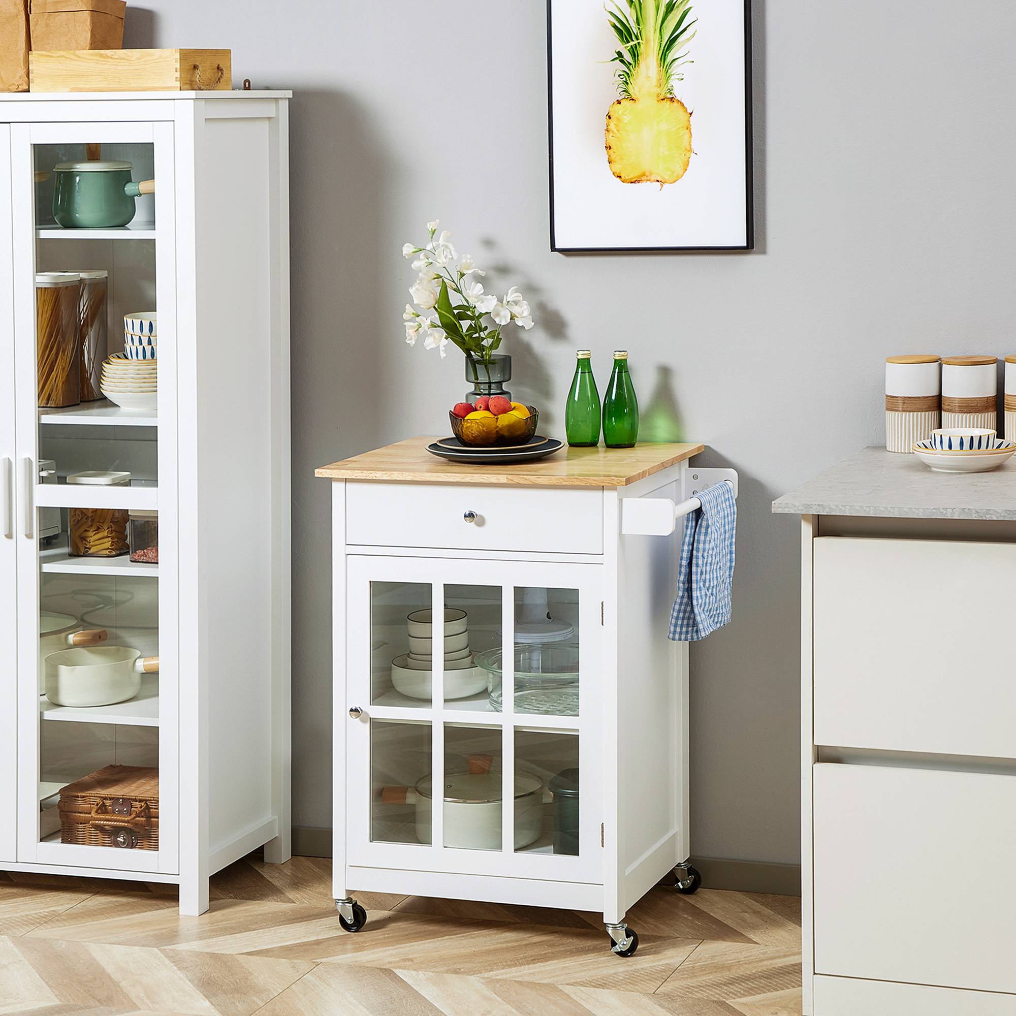 Desserte de cuisine à roulettes multi-rangement - placard porte vitrée avec étagère réglable, tiroir, porte-torchon - blanc aspect chêne clair - Image 4