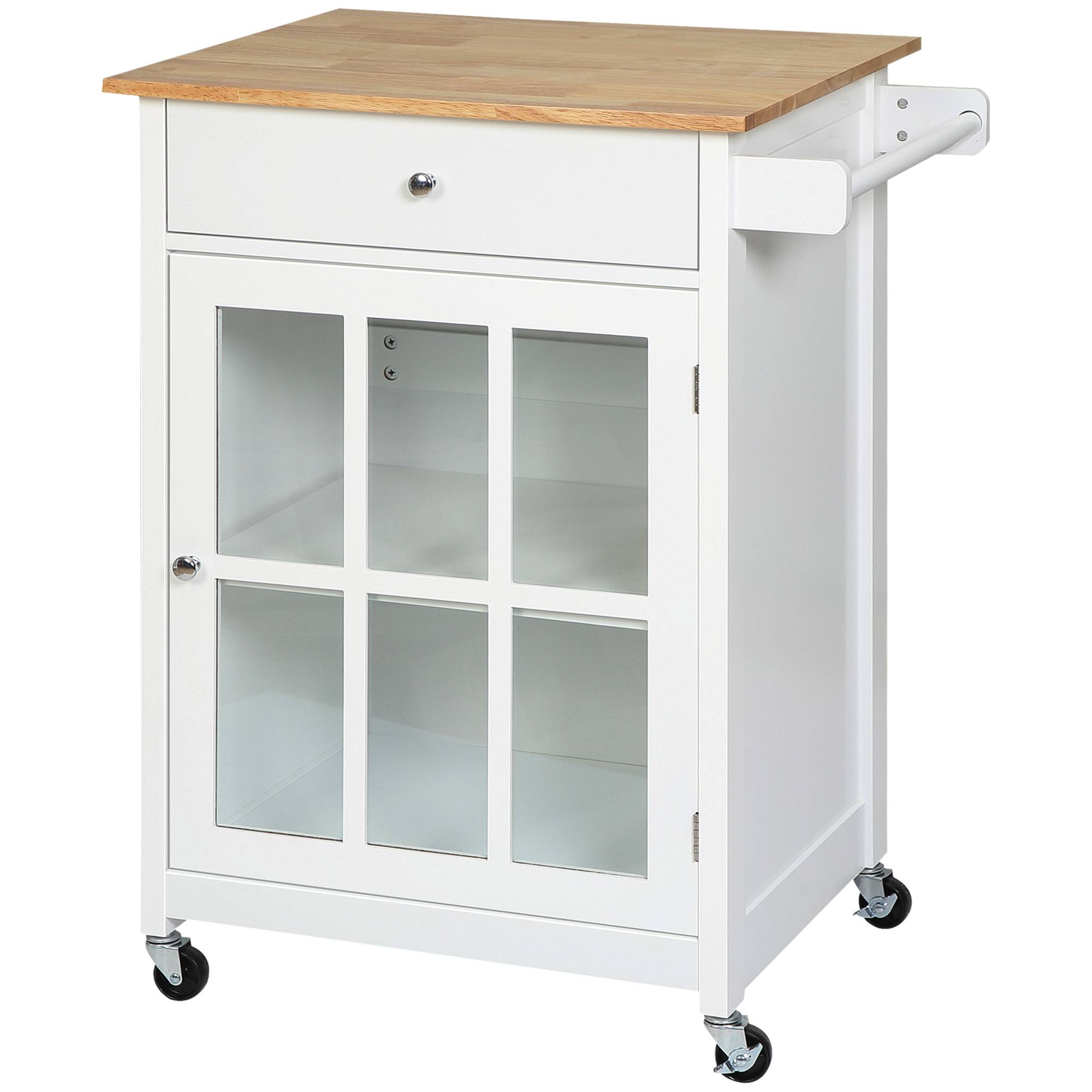 Desserte de cuisine à roulettes multi-rangement - placard porte vitrée avec étagère réglable, tiroir, porte-torchon - blanc aspect chêne clair - Image 2