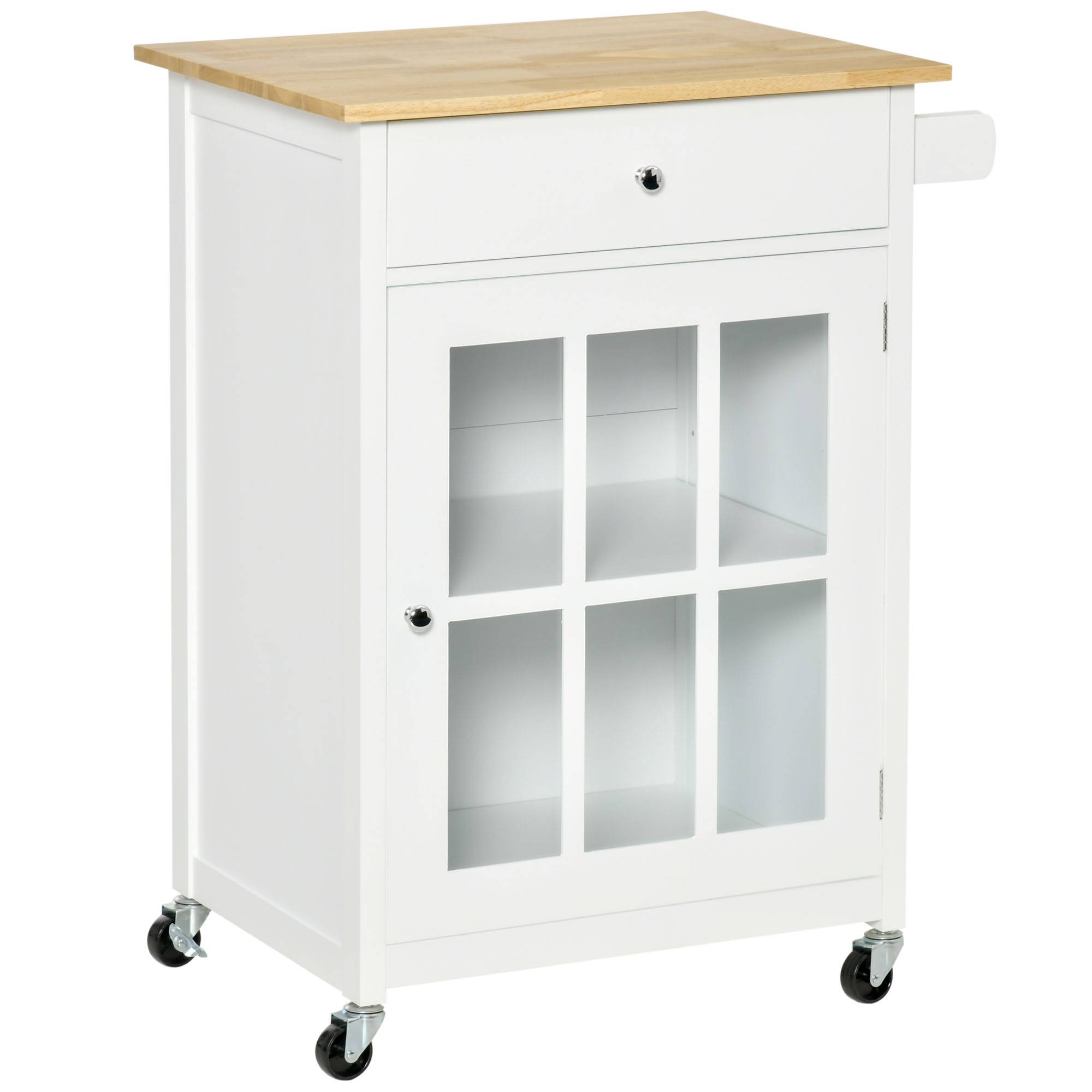 Desserte de cuisine à roulettes multi-rangement - placard porte vitrée avec étagère réglable, tiroir, porte-torchon - blanc aspect chêne clair - Image 1