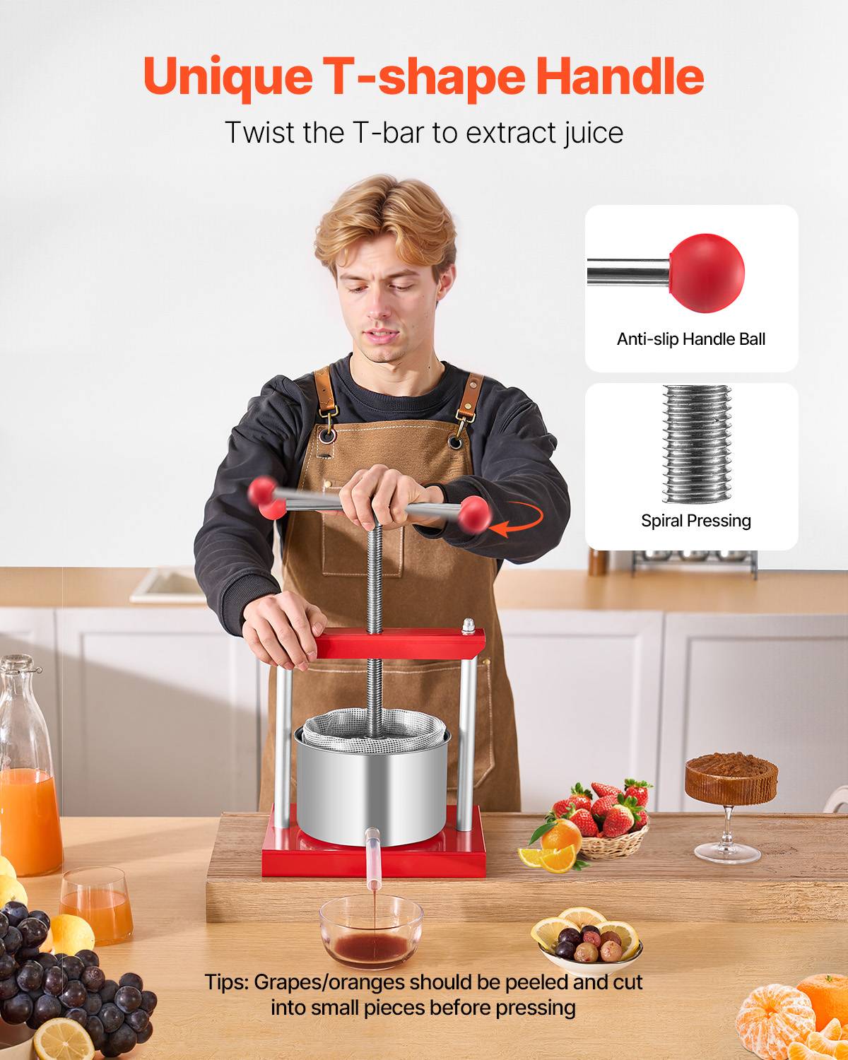 VEVOR Pressoir fruits manuel 3 L, inox, 2 barils. Poignée T, nettoyage facile. Raisin, pomme. - Image 4