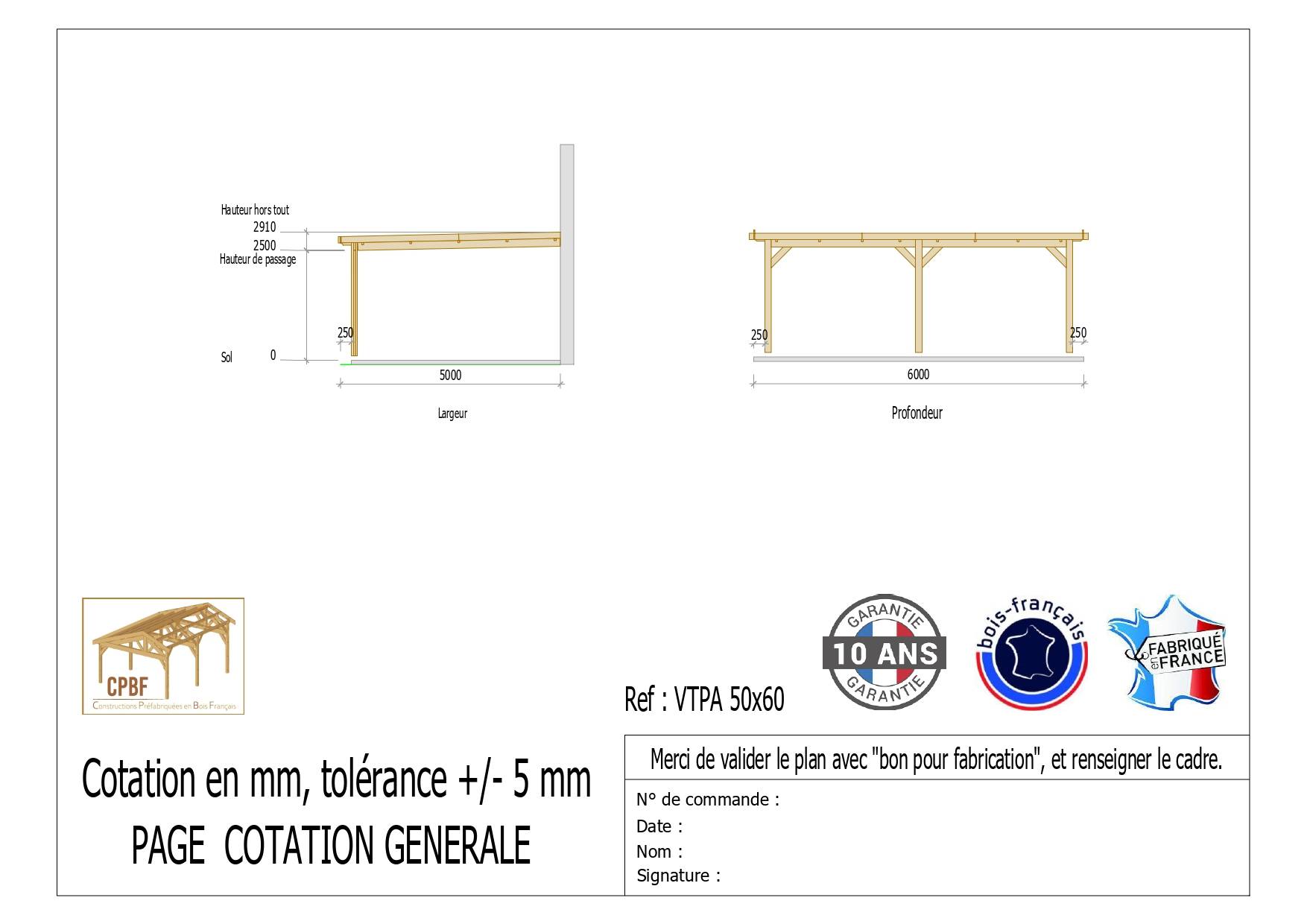 Cpbf Charpentes - Carport adossé toit plat 500cmx600cm, bois DOUGLAS Français (Charpente en bois-auvent-abri voiture) 30 m². Garantie 10 ans - Image 2