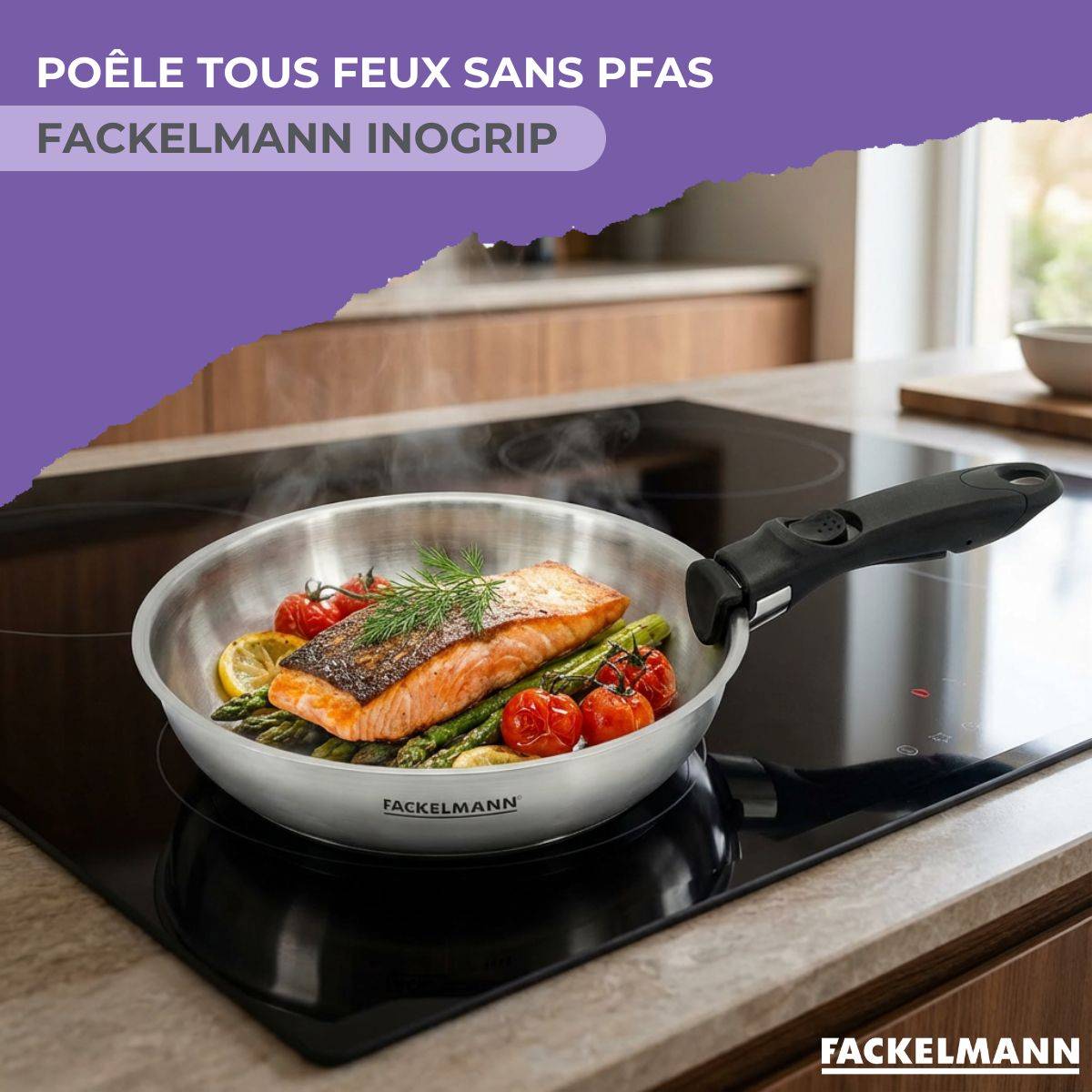 Lot de 1 poêle 24 cm en inox et 1 manche amovible Fackelmann InoGrip - Image 2