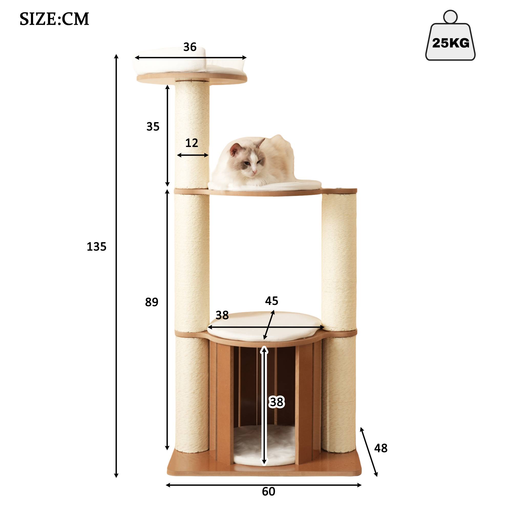Arbre à chat Bois MDF pour Chats avec Maisonnette et Griffoirs XXL 135cm Marron - ComfortXL Outdoor Living - Image 3