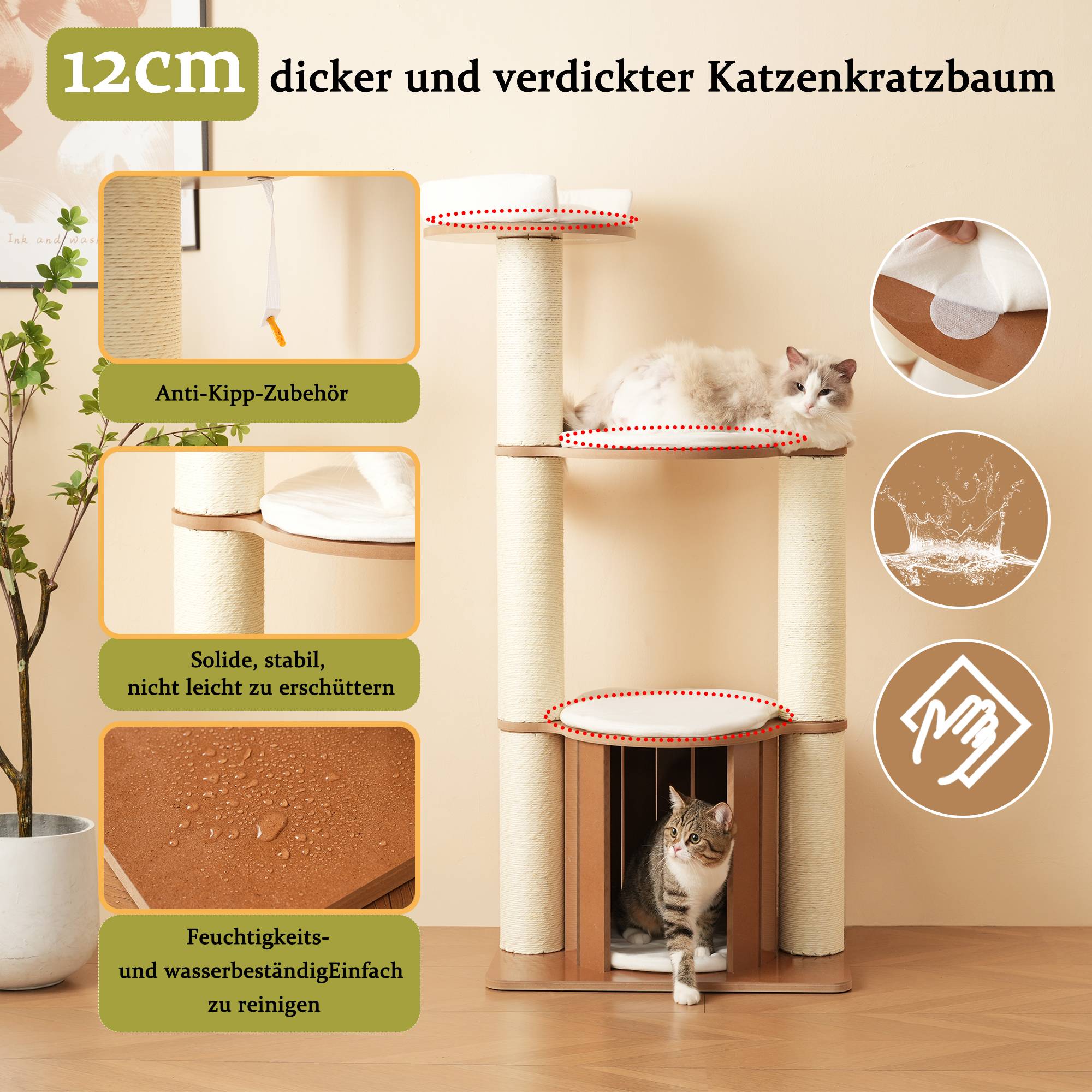 Arbre à chat Bois MDF pour Chats avec Maisonnette et Griffoirs XXL 135cm Marron - ComfortXL Outdoor Living - Image 5