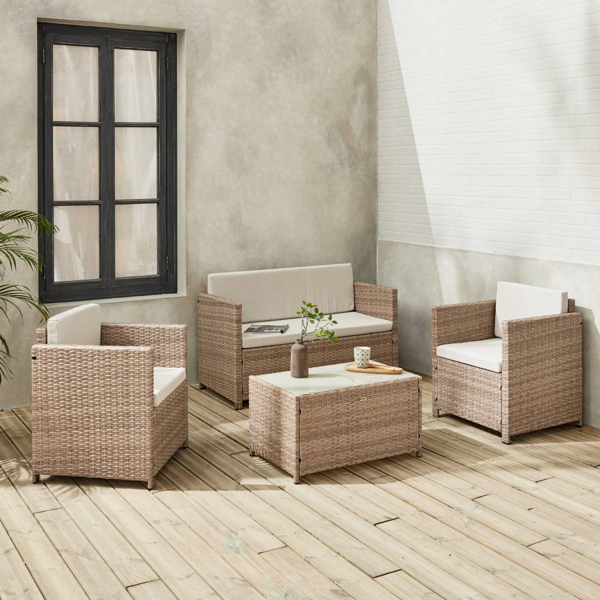Salon de jardin en résine tressée - Perugia - Résine naturelle Coussins  beiges - 4 places - 1 canapé. 2 fauteuils. une table basse | sweeek - Image 3