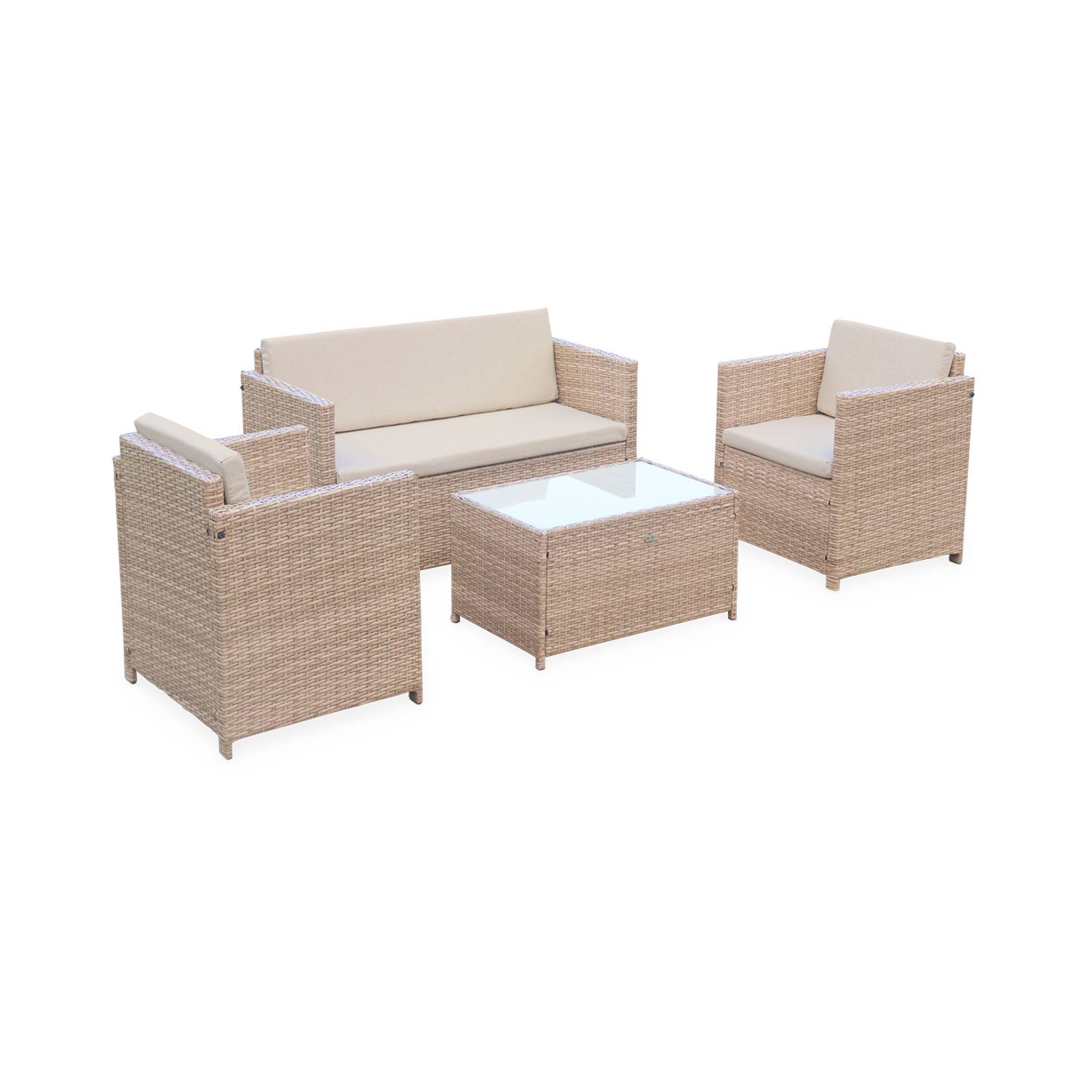 Salon de jardin en résine tressée - Perugia - Résine naturelle Coussins  beiges - 4 places - 1 canapé. 2 fauteuils. une table basse | sweeek - Image 2