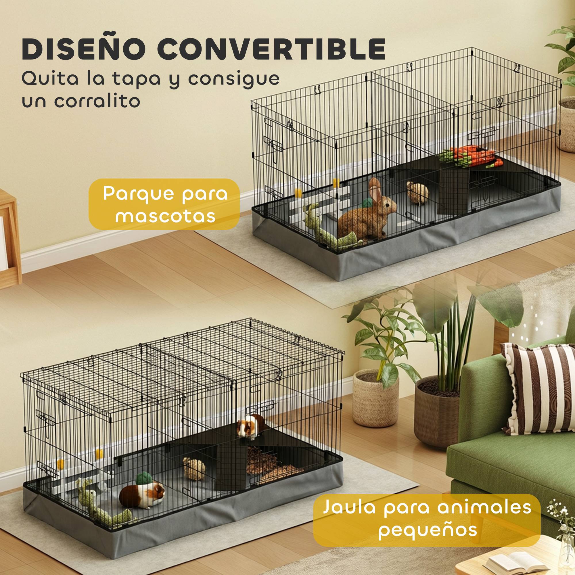 Cage enclos 2 en 1 Acier Lapins cochons d'Inde Espace modulable 121x61x61cm Noir - ComfortXL Outdoor Living - Image 6