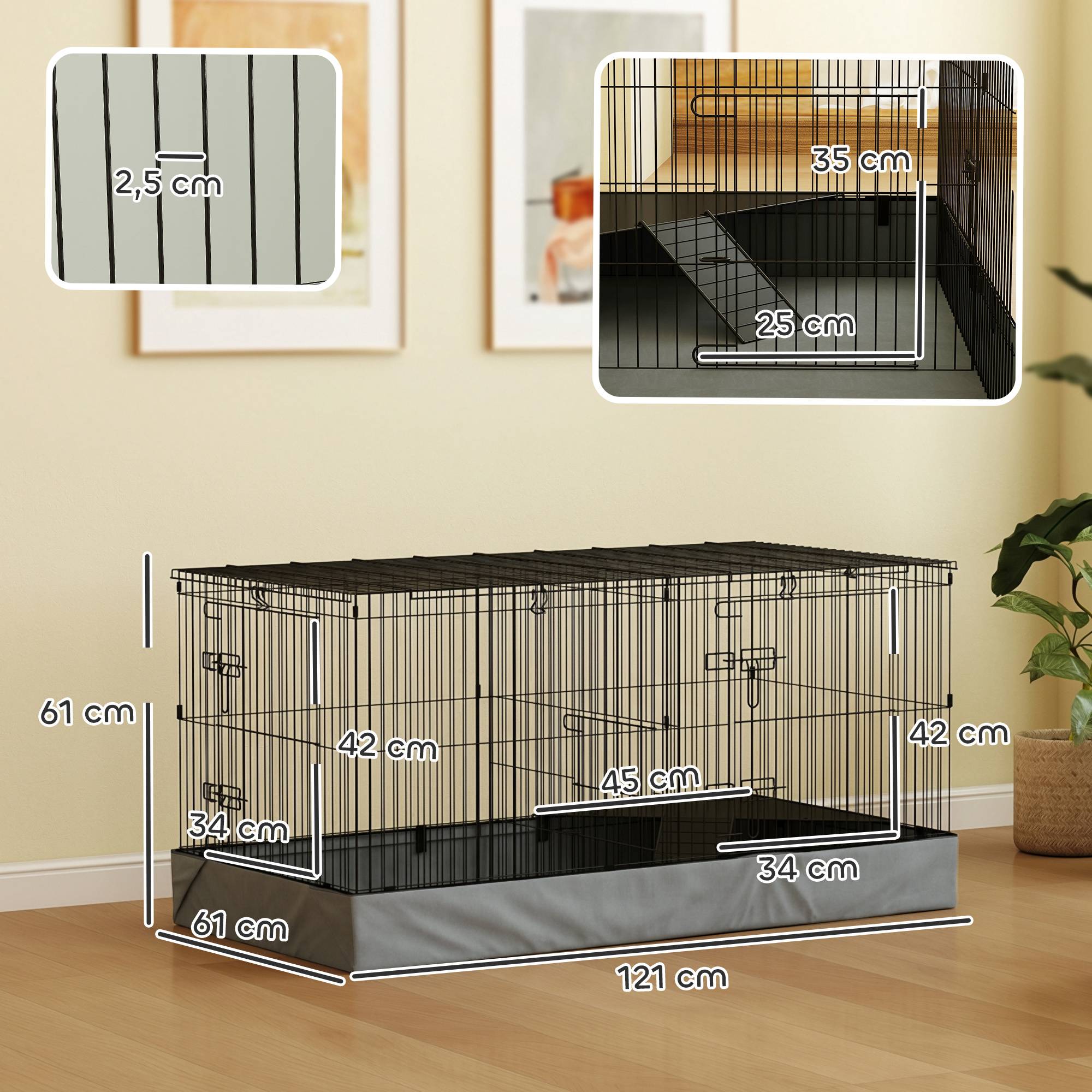 Cage enclos 2 en 1 Acier Lapins cochons d'Inde Espace modulable 121x61x61cm Noir - ComfortXL Outdoor Living - Image 5