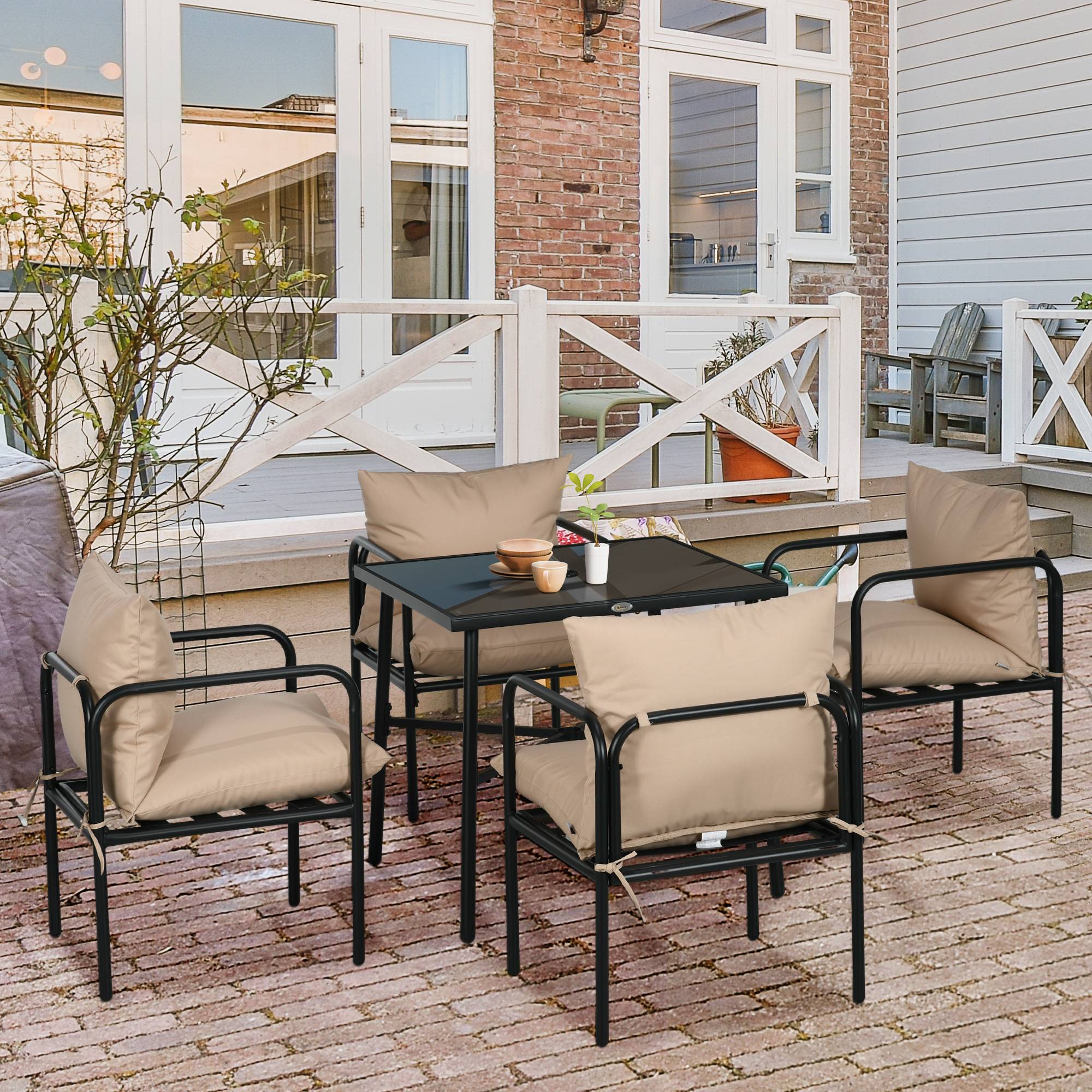 Outsunny - Salon de jardin en acier 5 pièces (1 table carrée, 4 chaises) avec 4 coussins, plateau verre trempé et trou parasol - Outsunny - Image 2