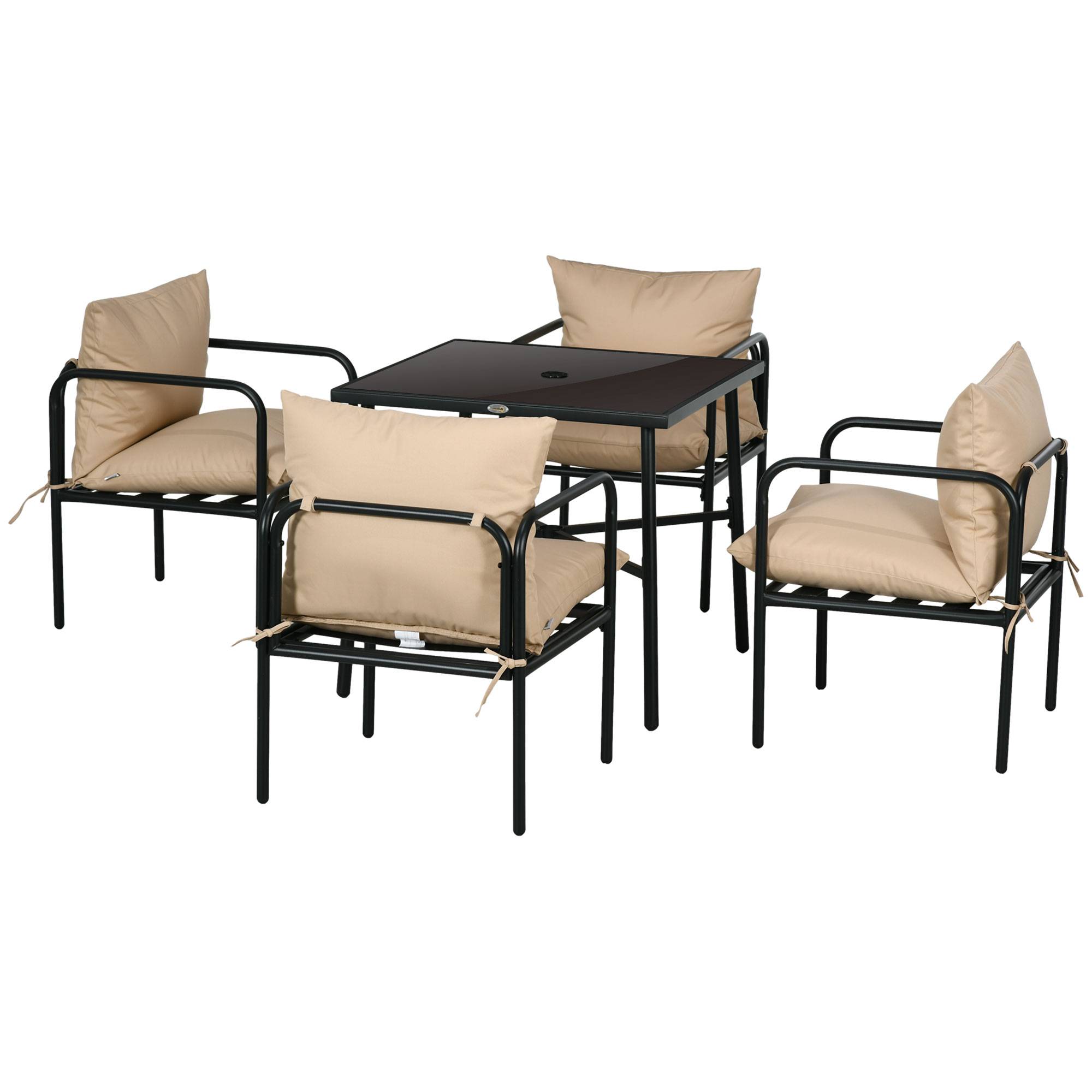 Outsunny - Salon de jardin en acier 5 pièces (1 table carrée, 4 chaises) avec 4 coussins, plateau verre trempé et trou parasol - Outsunny - Image 1