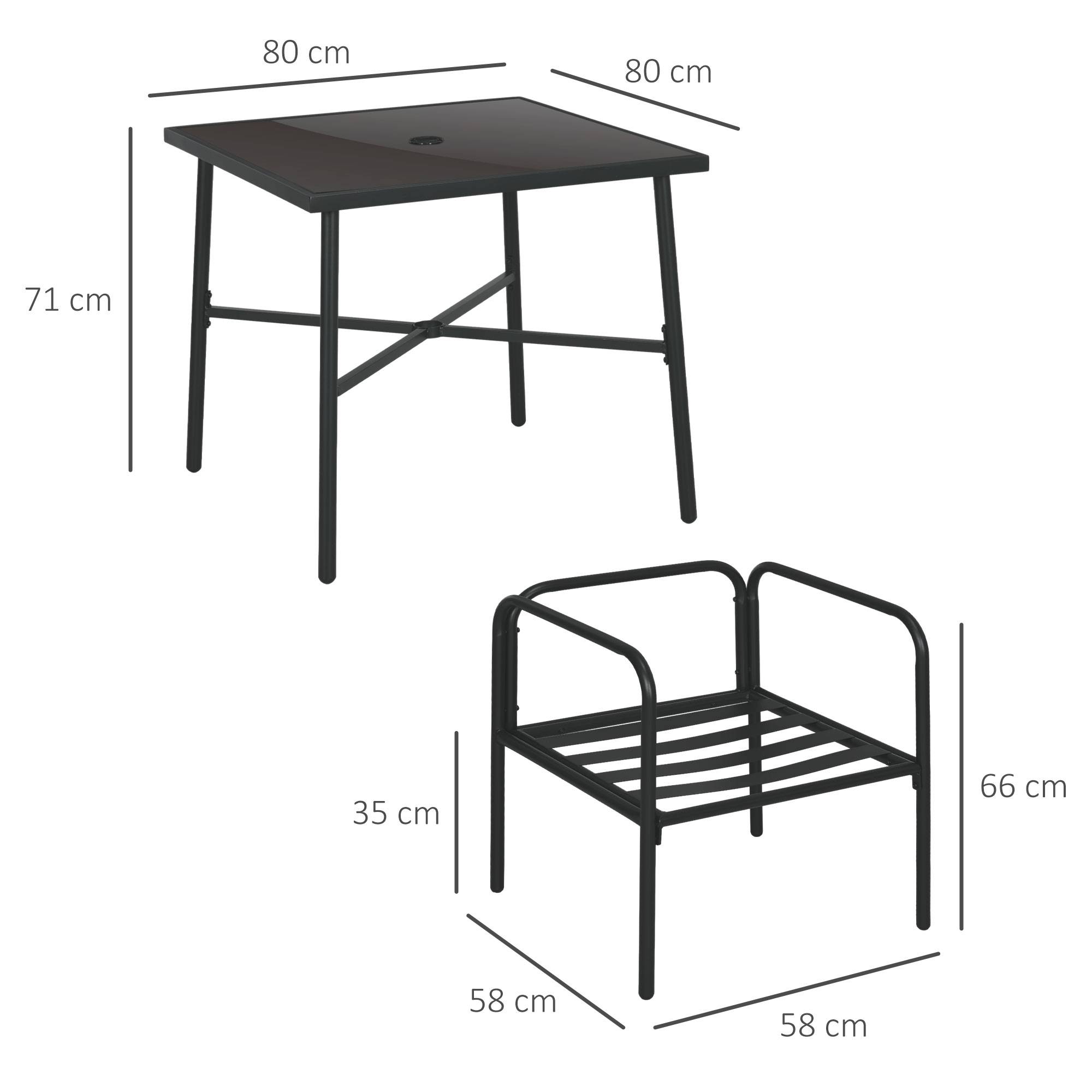 Outsunny - Salon de jardin en acier 5 pièces (1 table carrée, 4 chaises) avec 4 coussins, plateau verre trempé et trou parasol - Outsunny - Image 3