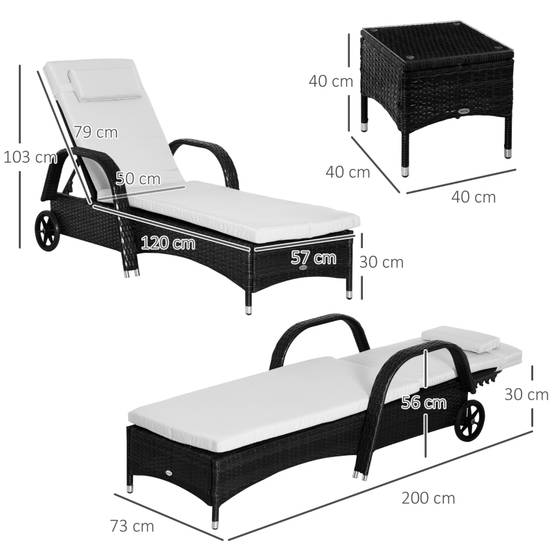 Set 2 Bains de Soleil Table Résine Tressée Métal Jardin Dossier Inclinable Noir Crème - ComfortXL Outdoor Living - Image 3