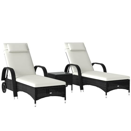 Set 2 Bains de Soleil Table Résine Tressée Métal Jardin Dossier Inclinable Noir Crème - ComfortXL Outdoor Living - Image 2