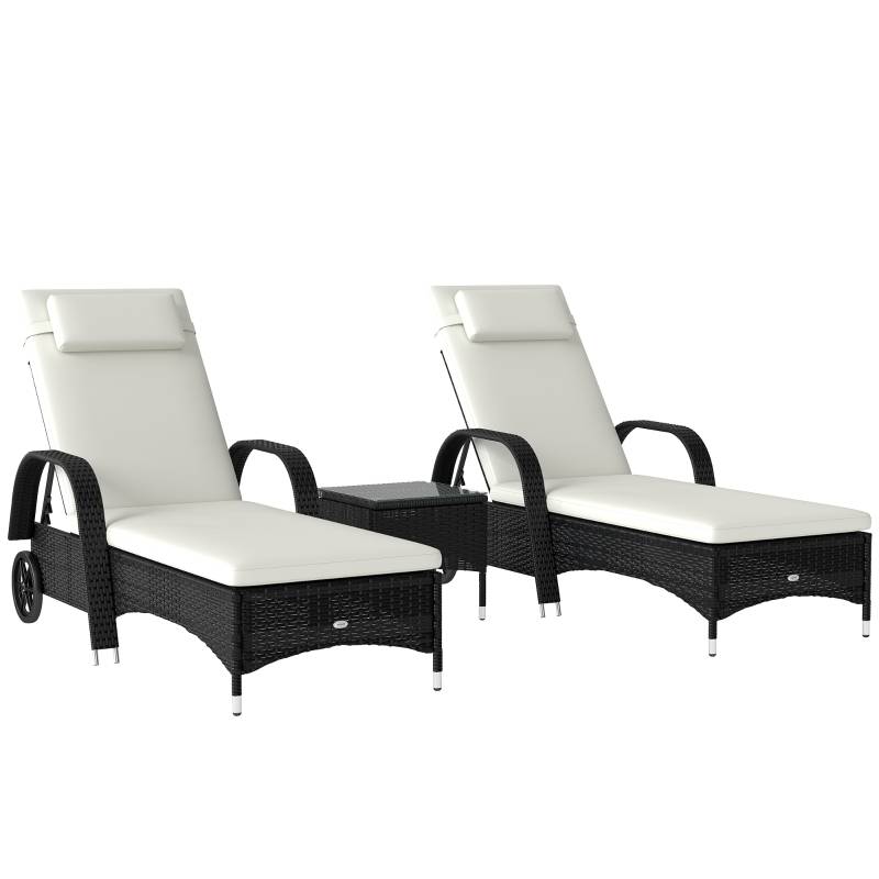 Set 2 Bains de Soleil Table Résine Tressée Métal Jardin Dossier Inclinable Noir Crème - ComfortXL Outdoor Living - Image 2